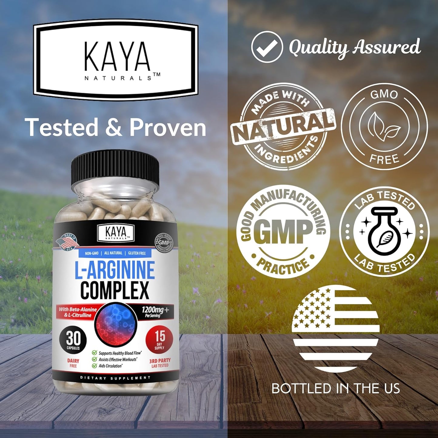Kaya Naturals L-Arginine Herbal Supplement - Boost Energy, Nighttime Performance - 60 Capsules