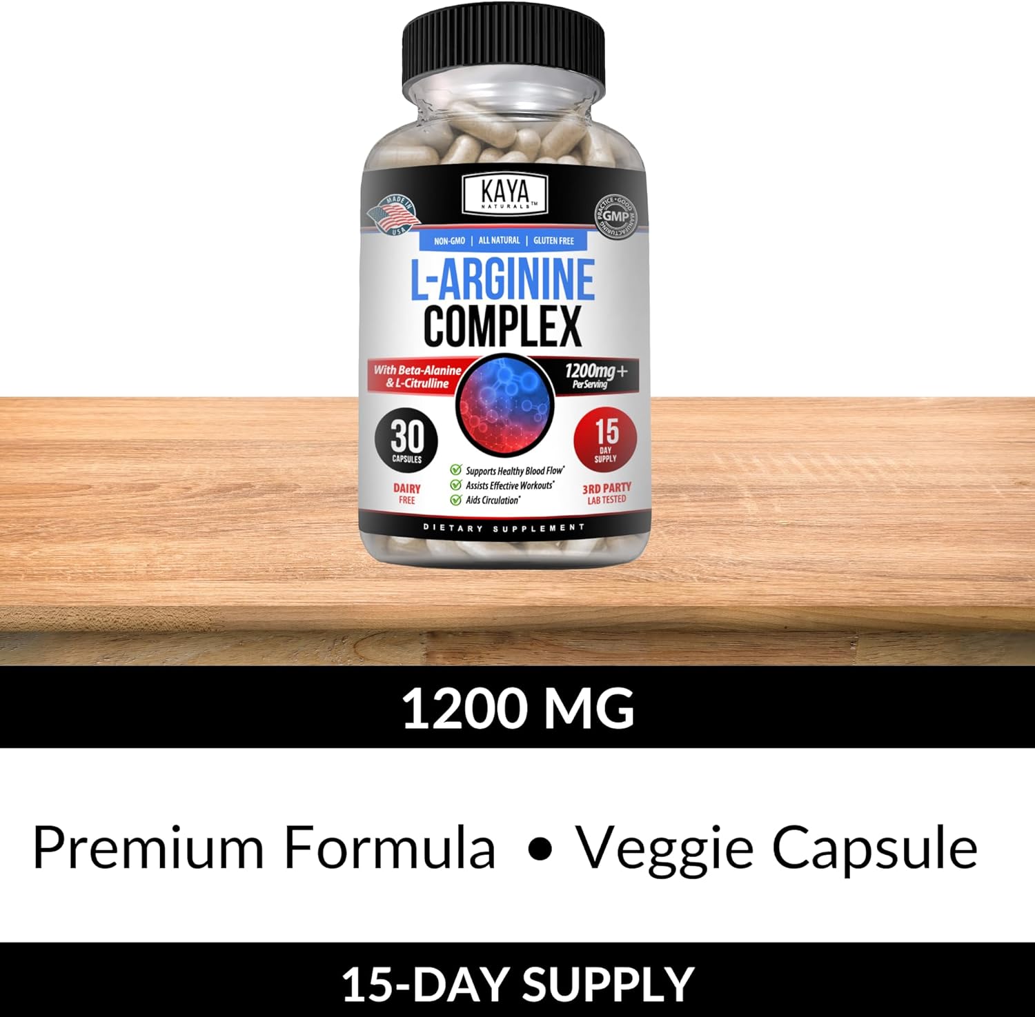 Kaya Naturals L-Arginine Herbal Supplement - Boost Energy, Nighttime Performance - 60 Capsules