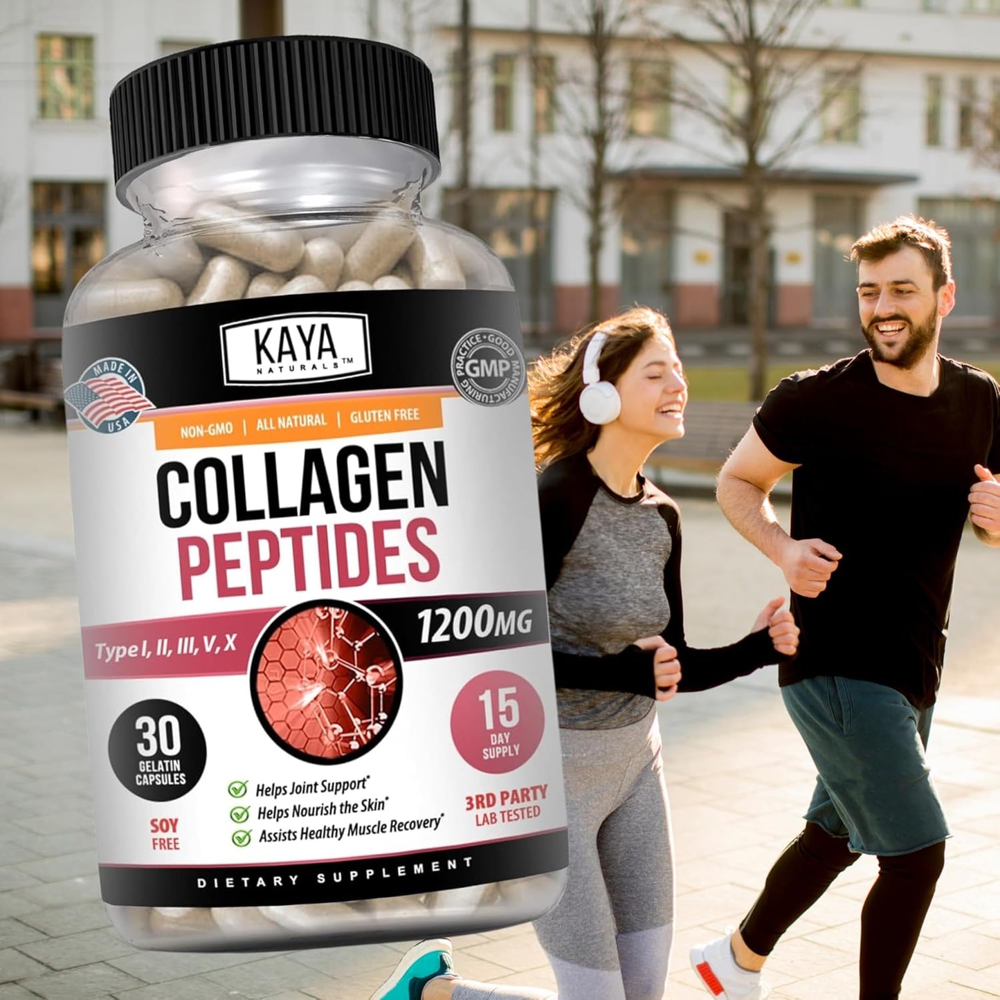 Kaya Naturals Multi Collagen Peptides Complex Powder Capsules - Hair, Skin, Nails, Anti-Aging - Types I, II, III, V & X - 30 Count Supplement for Women and Men