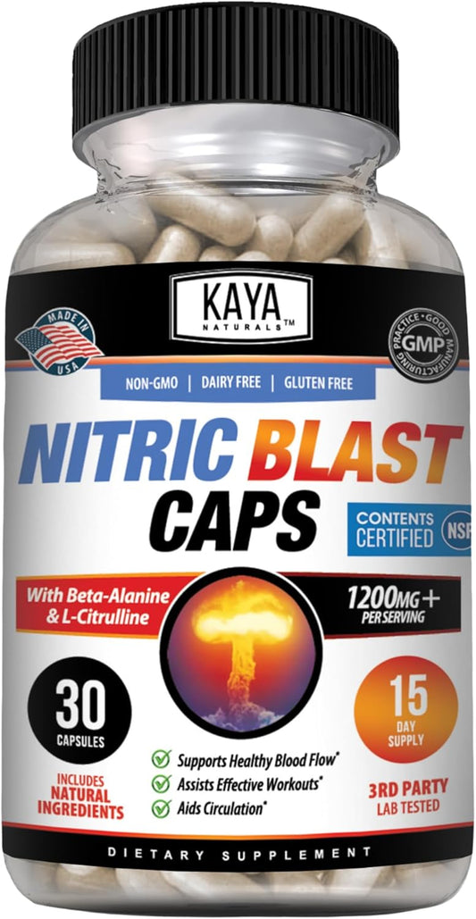 Kaya Naturals Nitric Blast Herbal Supplement - Boost Energy and Performance Naturally with Pre-Workout Formula - 30 Count Pack