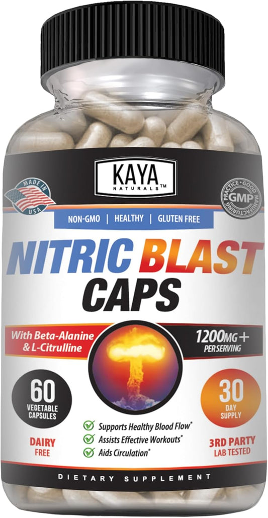 Kaya Naturals Nitric Blast Herbal Supplement for Maximum Health Benefits - Pre-Workout Energy Boost - 60 Count Pack