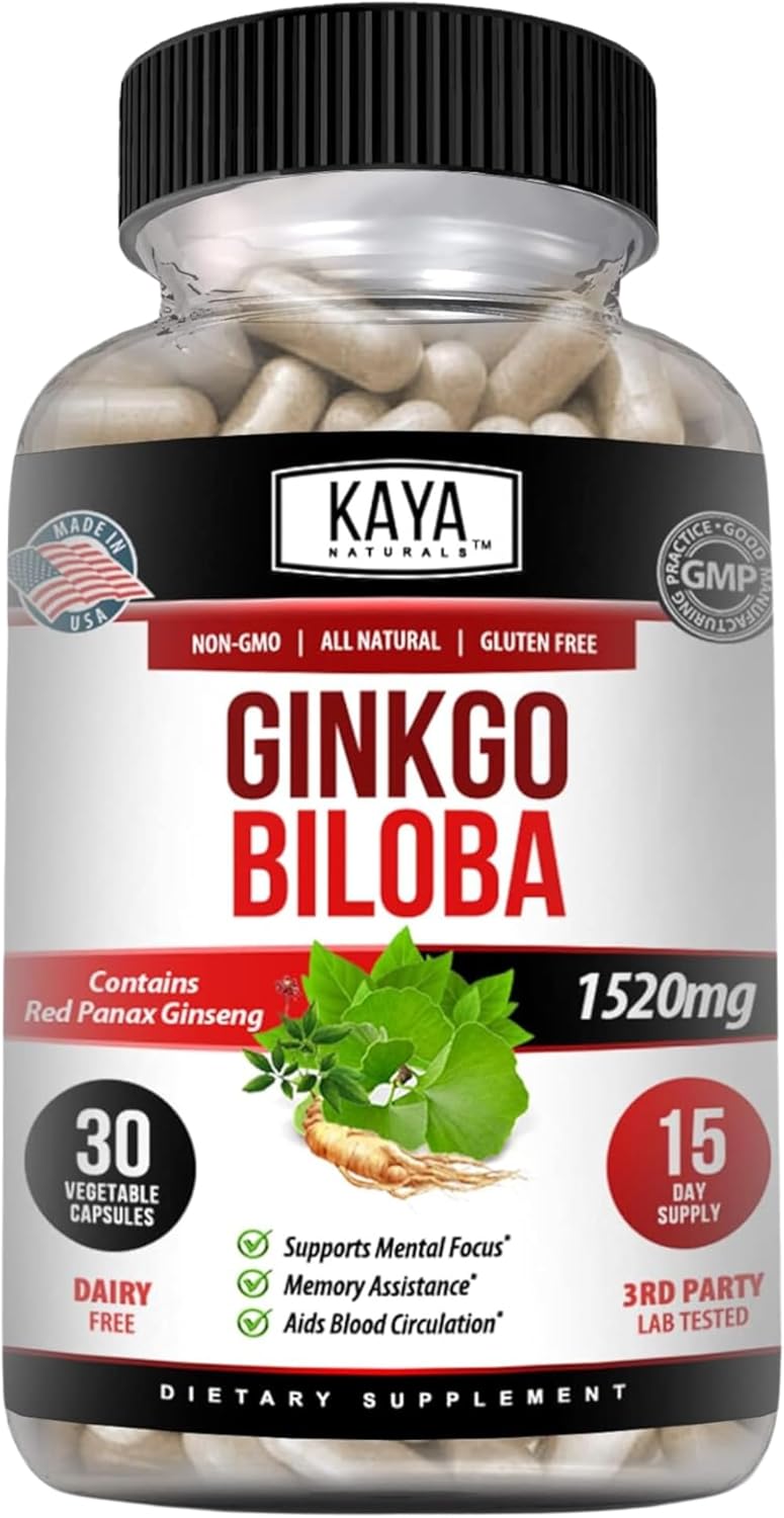 Kaya Naturals Red Panax Ginseng and Ginkgo Biloba Capsules for Cognitive Support and Memory - 30 Count