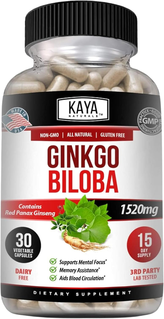 Kaya Naturals Red Panax Ginseng and Ginkgo Biloba Capsules for Cognitive Support and Memory - 30 Count