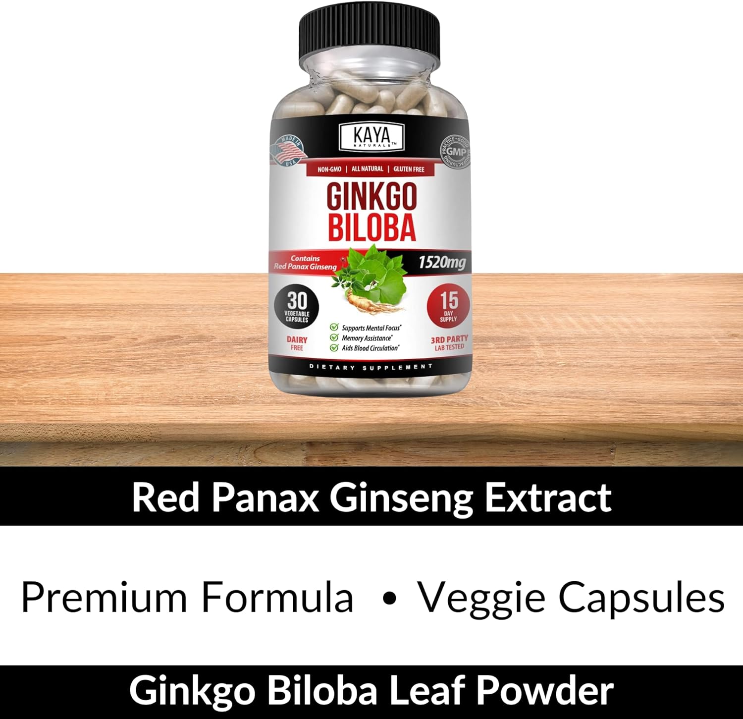 Kaya Naturals Red Panax Ginseng and Ginkgo Biloba Capsules for Cognitive Support and Memory - 30 Count