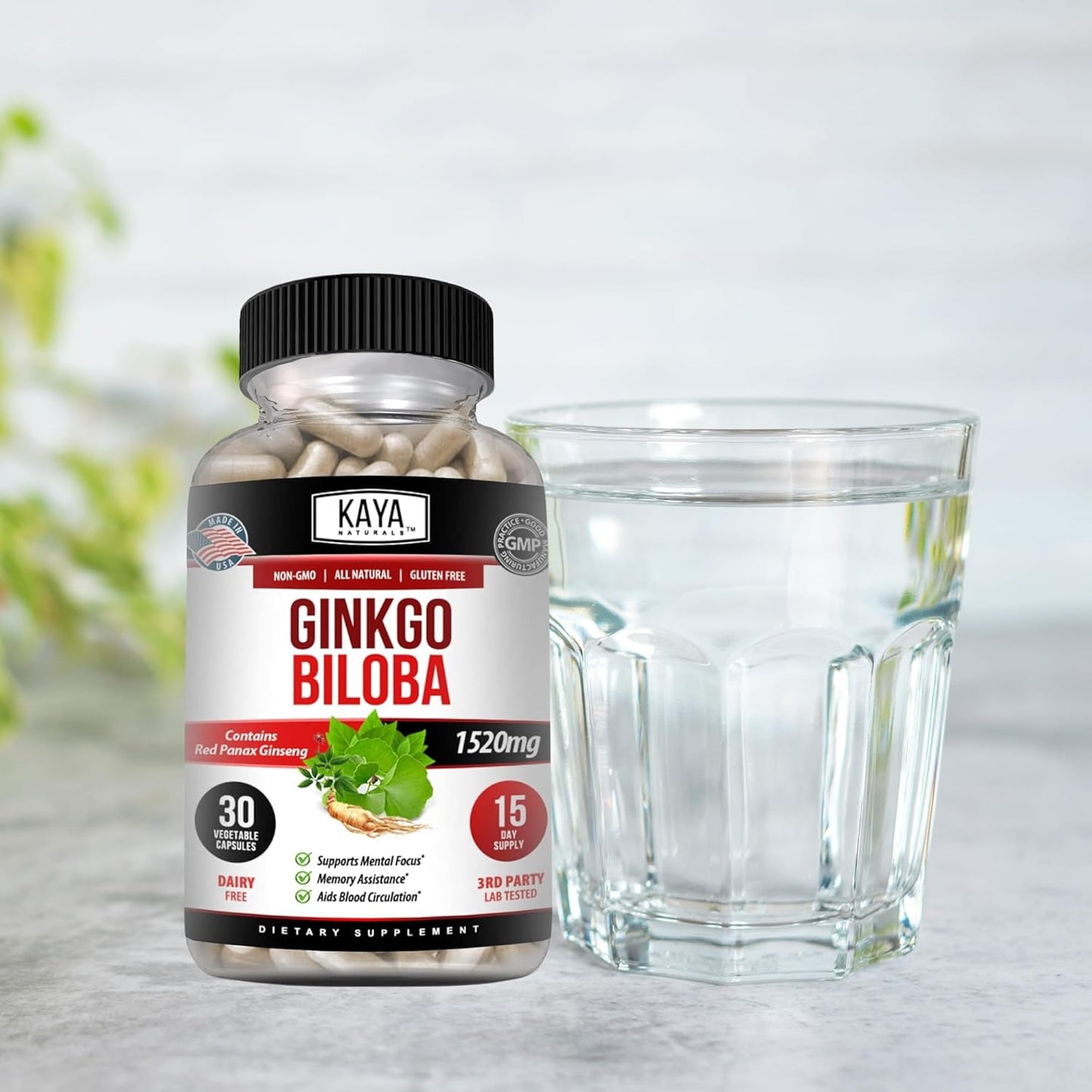 Kaya Naturals Red Panax Ginseng and Ginkgo Biloba Capsules for Cognitive Support and Memory - 30 Count