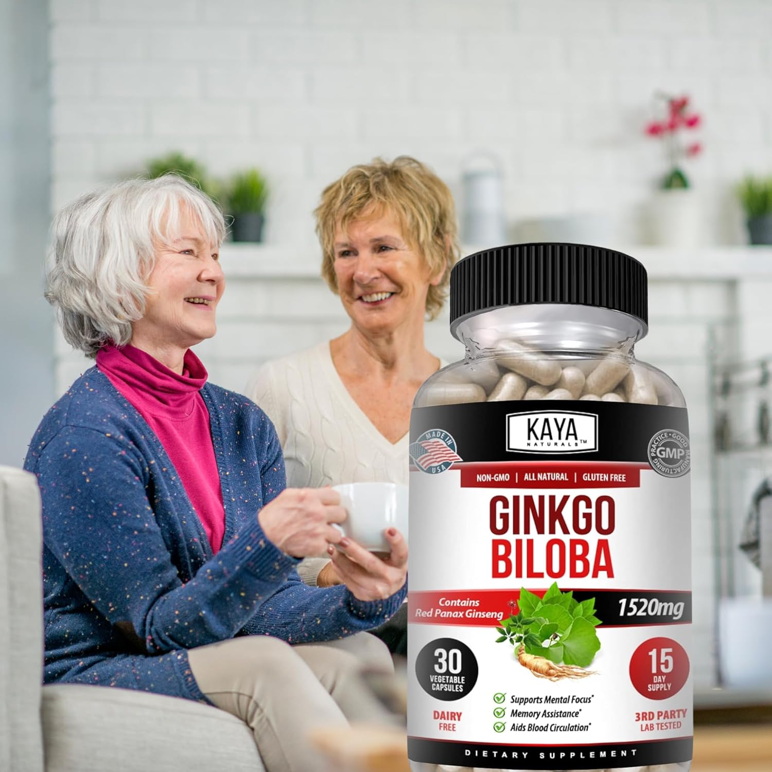 Kaya Naturals Red Panax Ginseng and Ginkgo Biloba Capsules for Cognitive Support and Memory - 30 Count