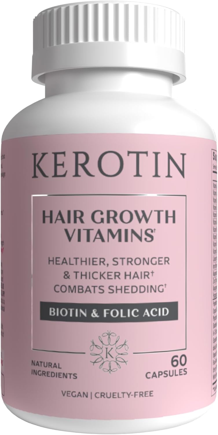 Kerotin Hair Growth Vitamins with Biotin, DHT Blocker, Collagen Stimulator - 60 Pills for Hair Loss Support, Nail & Skin Care