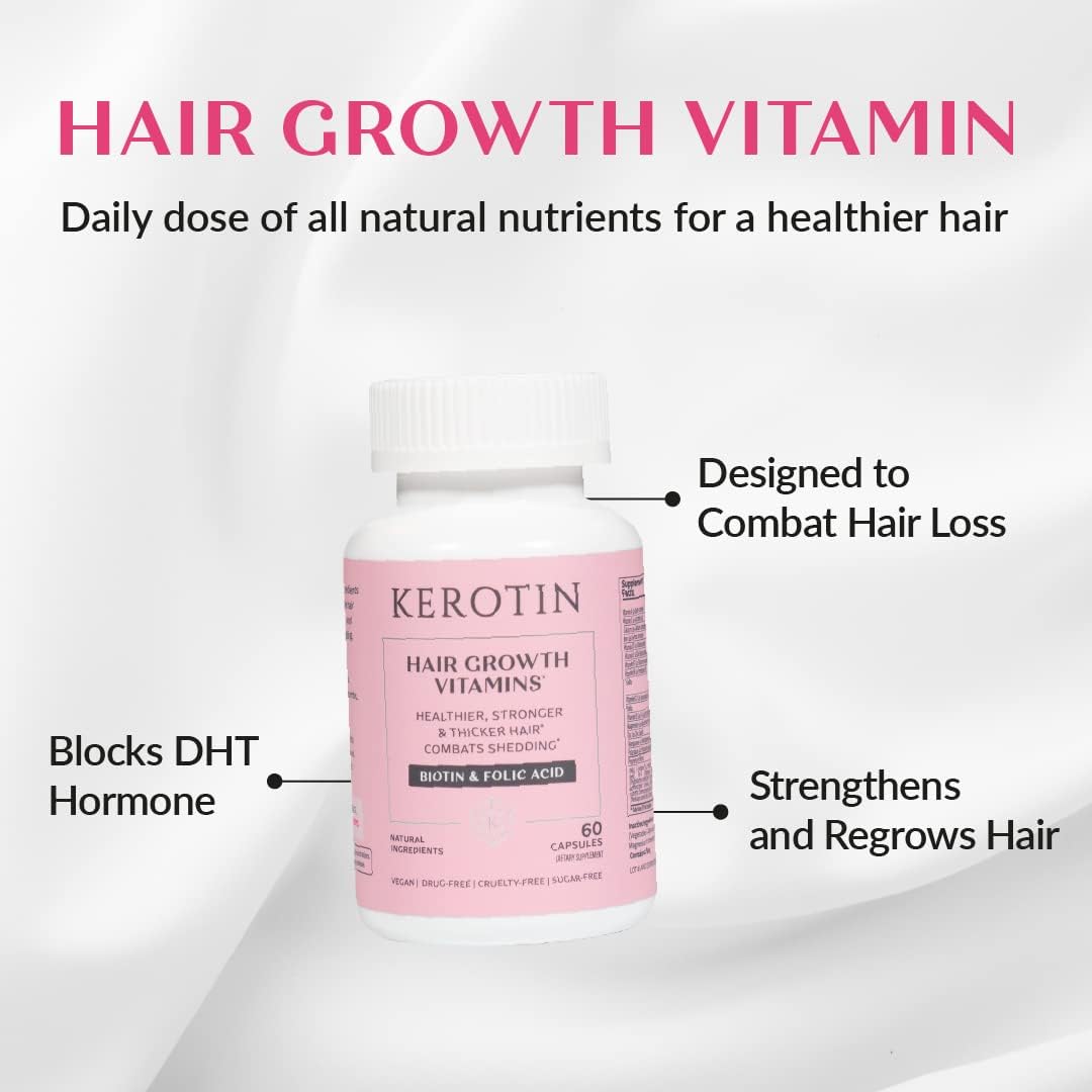 Kerotin Hair Growth Vitamins with Biotin, DHT Blocker, Collagen Stimulator - 60 Pills for Hair Loss Support, Nail & Skin Care