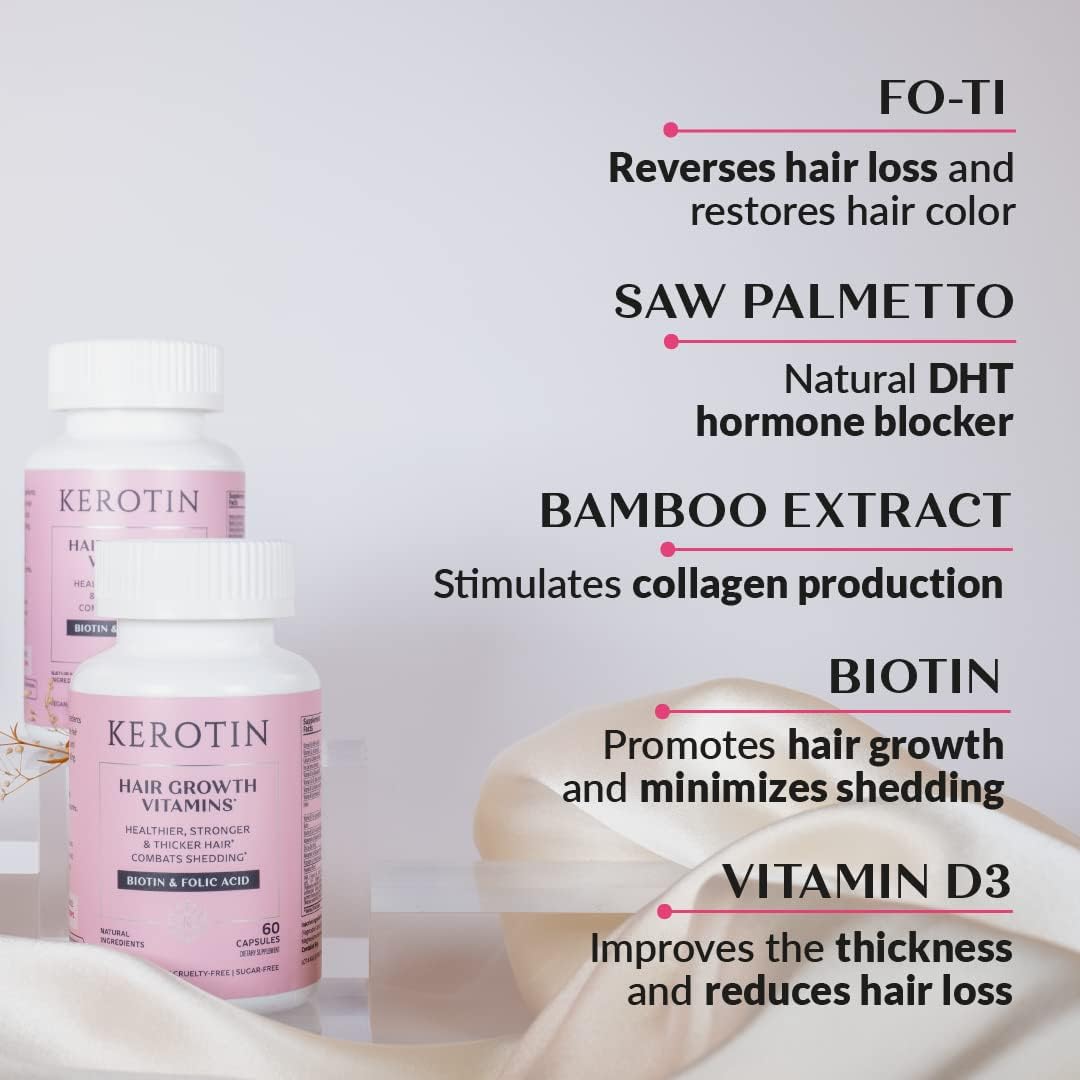 Kerotin Hair Growth Vitamins with Biotin, DHT Blocker, Collagen Stimulator - 60 Pills for Hair Loss Support, Nail & Skin Care