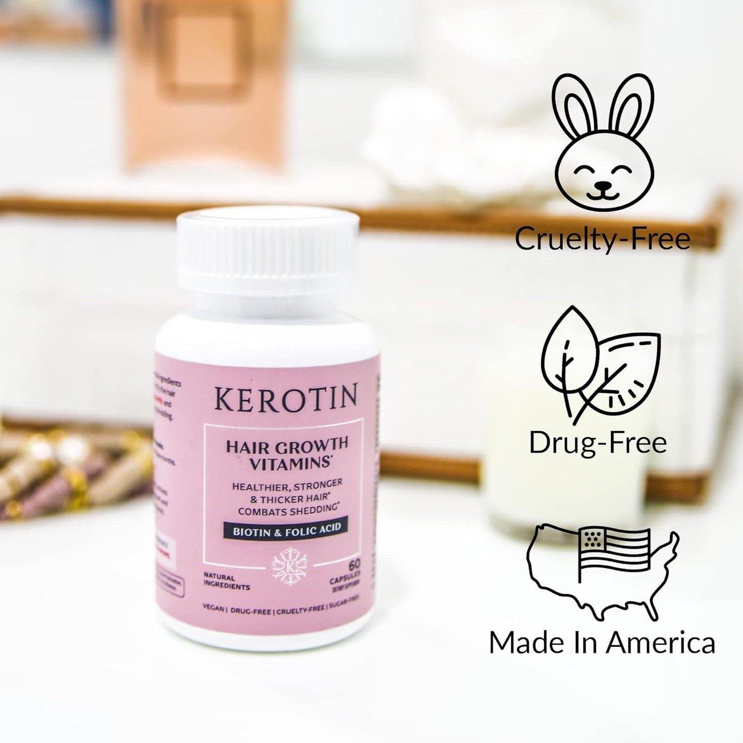 Kerotin Hair Growth Vitamins with Biotin, DHT Blocker, Collagen Stimulator - 60 Pills for Hair Loss Support, Nail & Skin Care