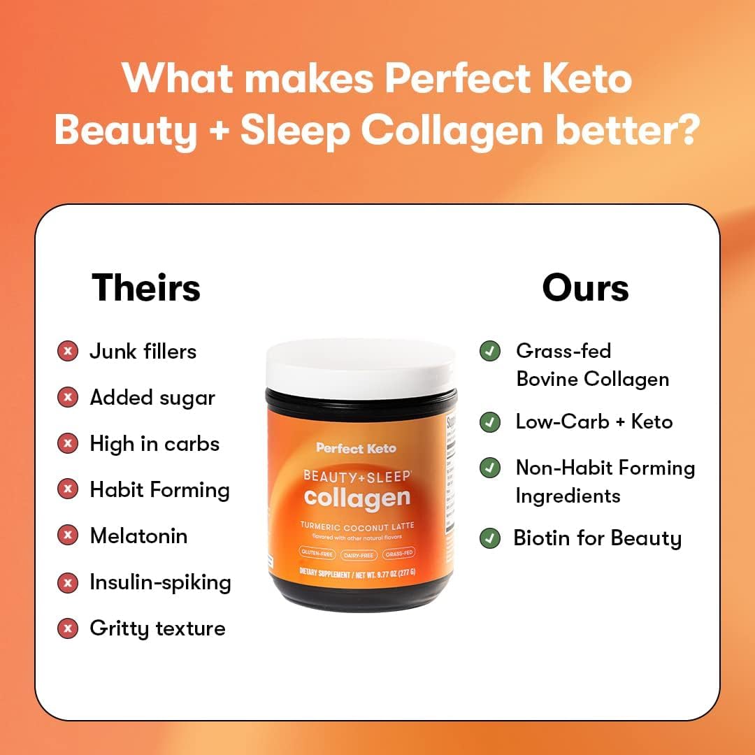 Keto Beauty & Sleep Collagen Protein Powder with Ashwagandha, Magnesium, Biotin, Hyaluronic Acid, L Theanine for Hair, Skin, Nails & Relaxation - Turmeric Coconut Latte Flavor