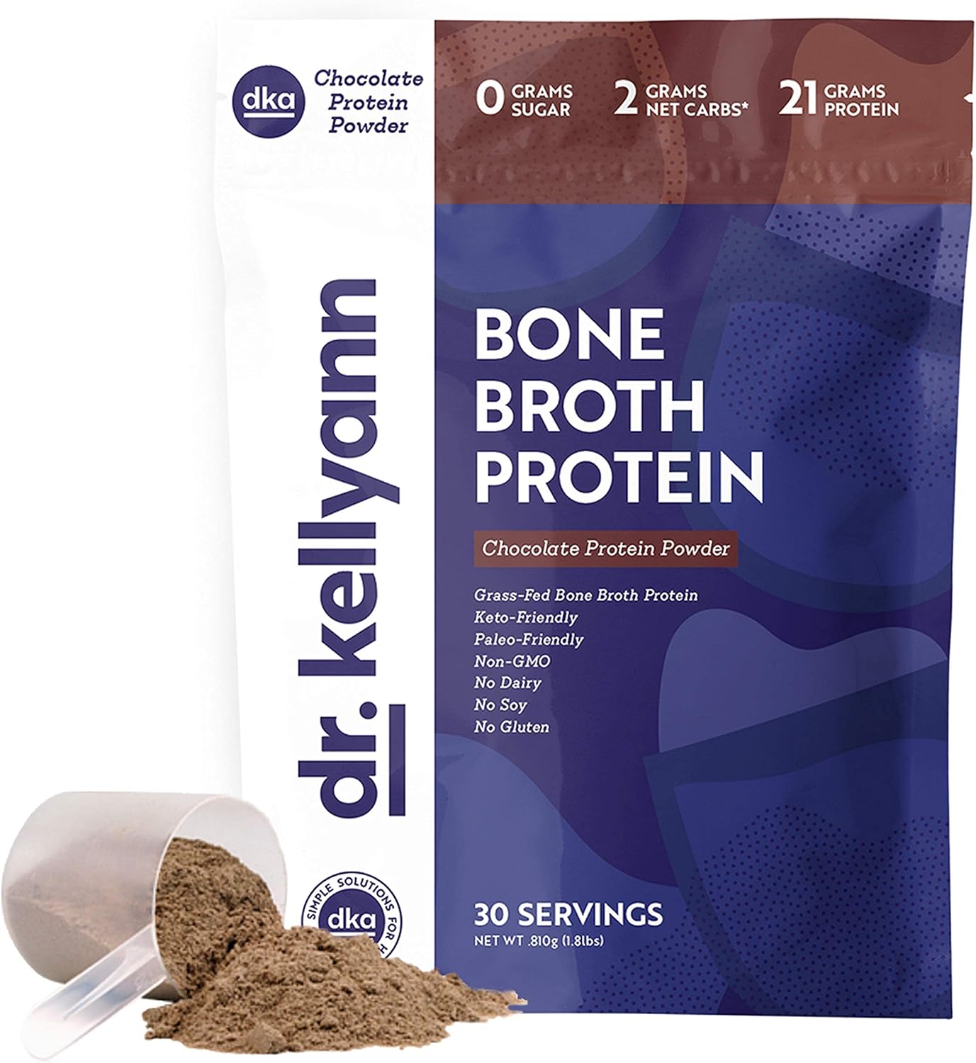 Keto Bone Broth Protein Powder Chocolate - 21g Protein, 2g Net Carbs - Grass Fed Hydrolyzed Collagen - Sugar, Gluten, Dairy Free - Paleo, Keto Shakes (30 Servings)