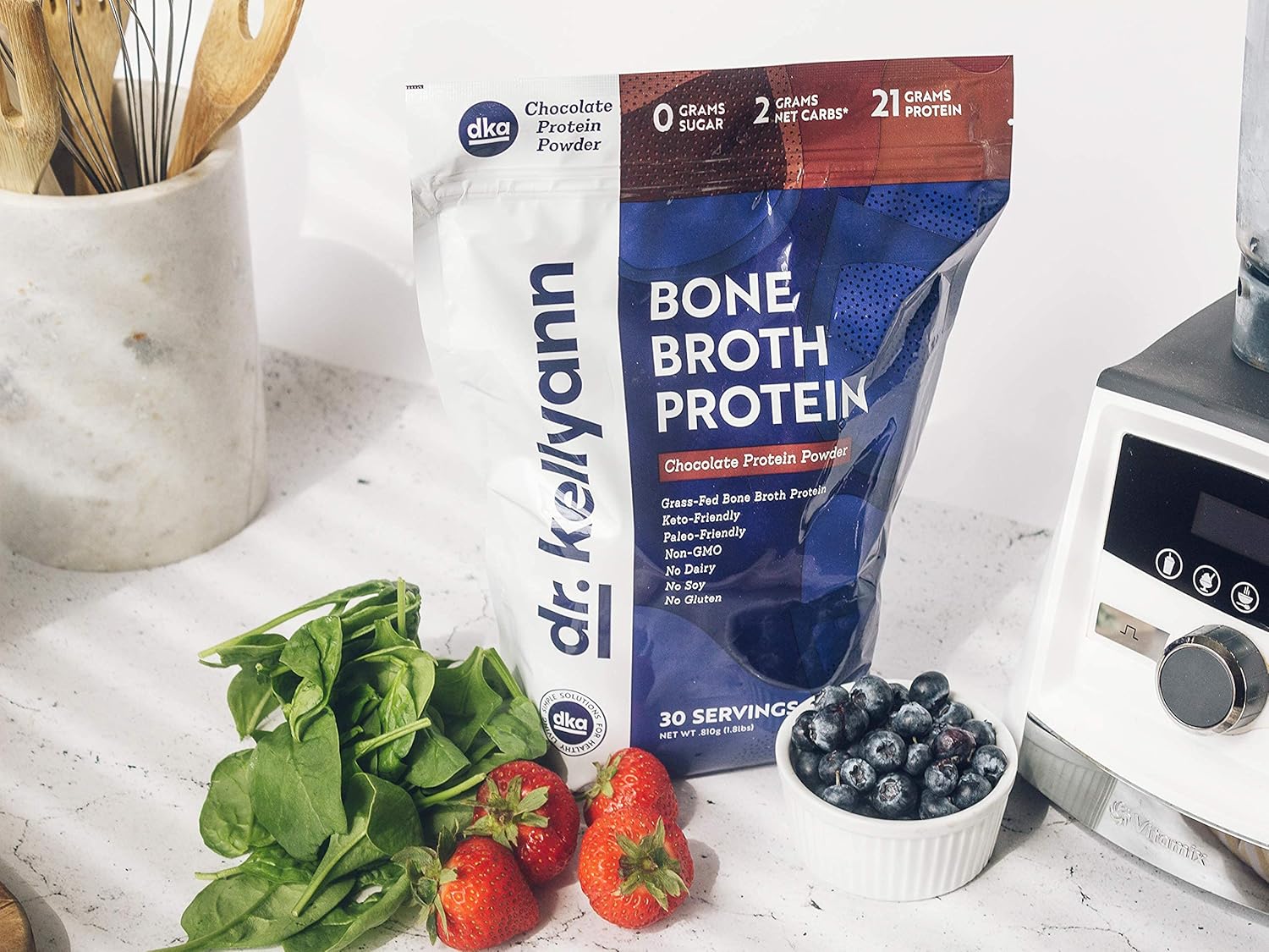 Keto Bone Broth Protein Powder Chocolate - 21g Protein, 2g Net Carbs - Grass Fed Hydrolyzed Collagen - Sugar, Gluten, Dairy Free - Paleo, Keto Shakes (30 Servings)