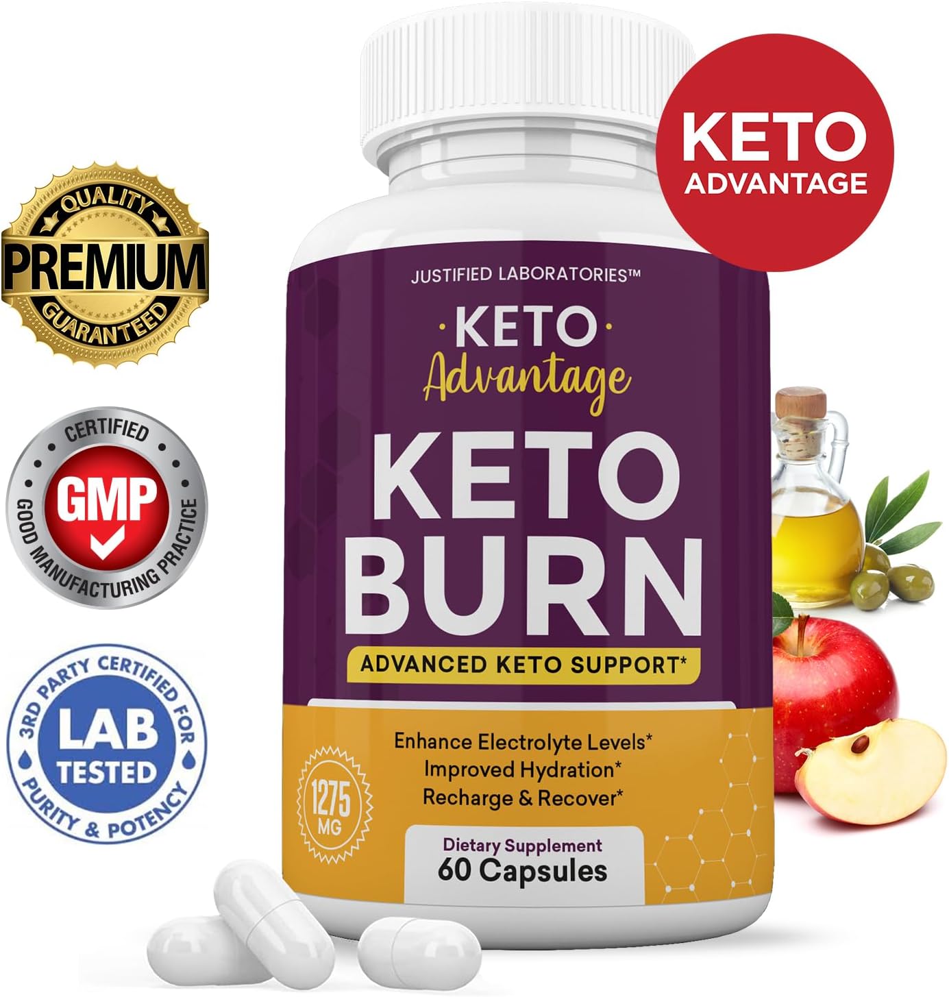 Keto Burn Pills 1275MG with Apple Cider Vinegar, Olive Oil, Green Tea - 60 Capsules