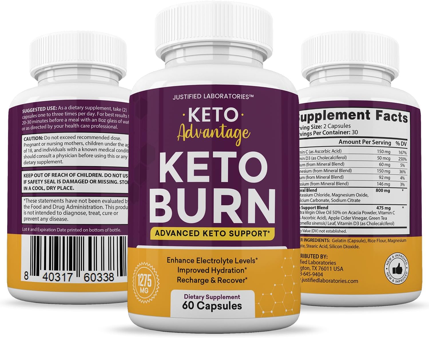 Keto Burn Pills 1275MG with Apple Cider Vinegar, Olive Oil, Green Tea - 60 Capsules