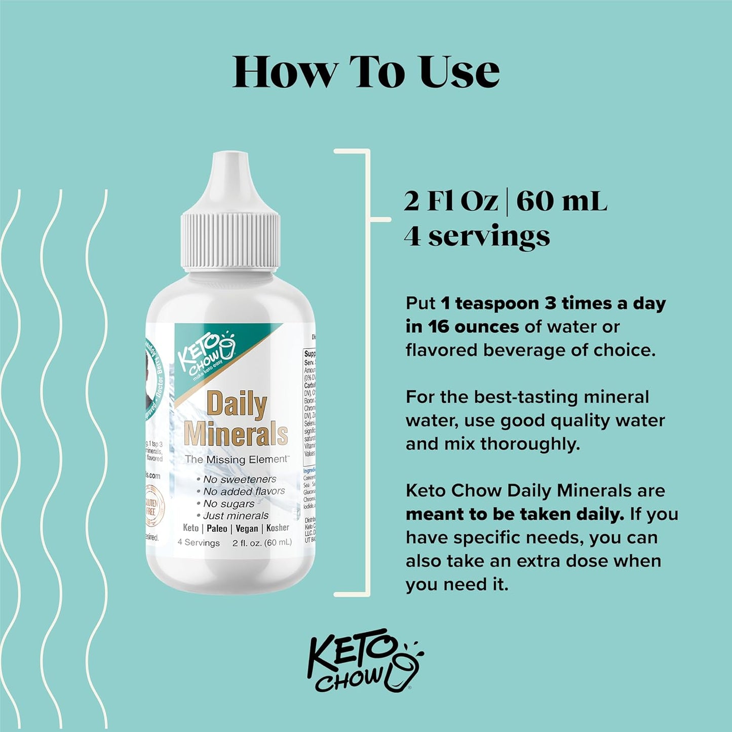 Keto Chow Daily Minerals Drops 2 oz - Electrolyte Balance - Copper, Magnesium, Chromium, Zinc, Boron, Selenium - Zero Sugar - Keto, Gluten Free, Vegan, Non GMO - Travel Size