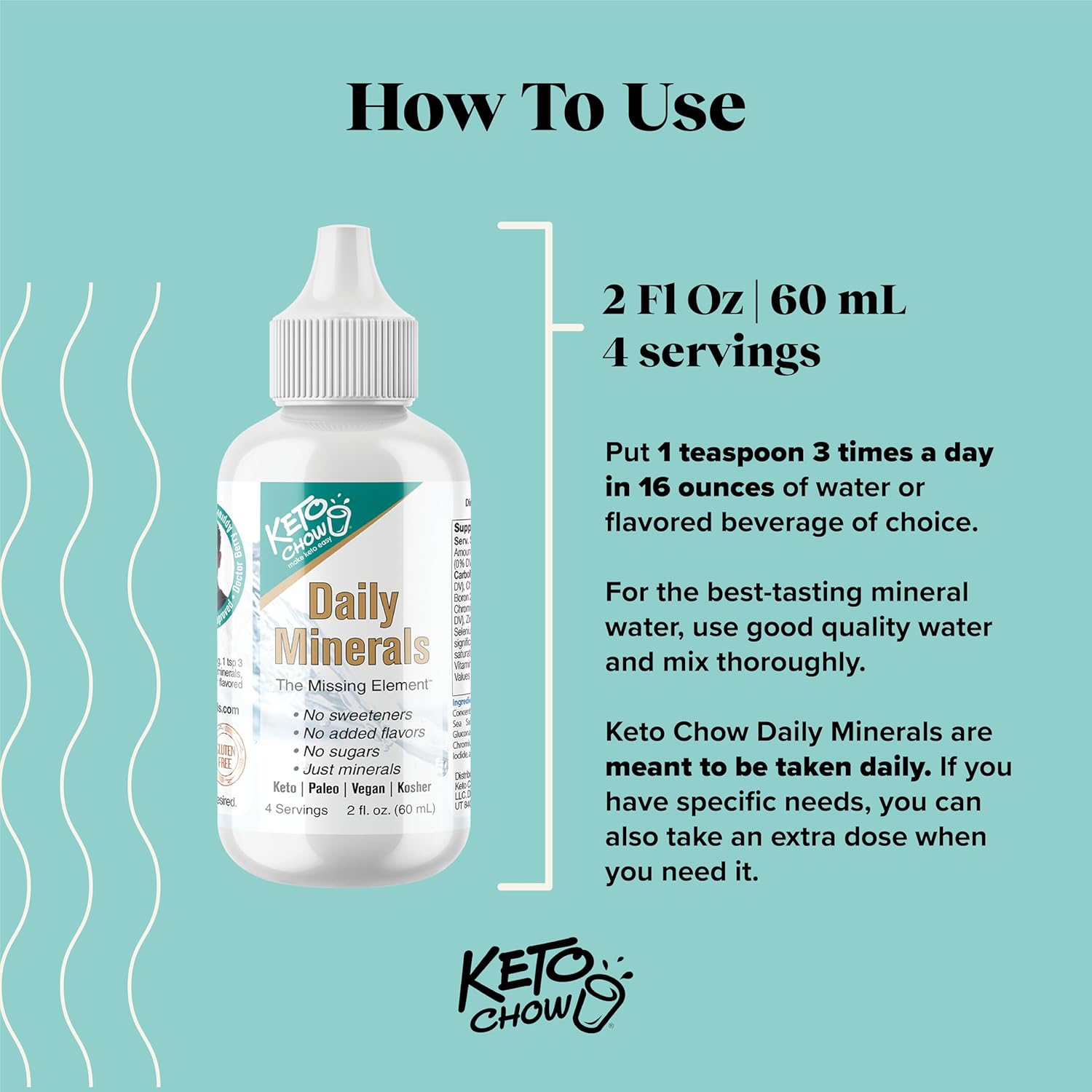 Keto Chow Daily Minerals Drops 2 oz - Electrolyte Balance - Copper, Magnesium, Chromium, Zinc, Boron, Selenium - Zero Sugar - Keto, Gluten Free, Vegan, Non GMO - Travel Size