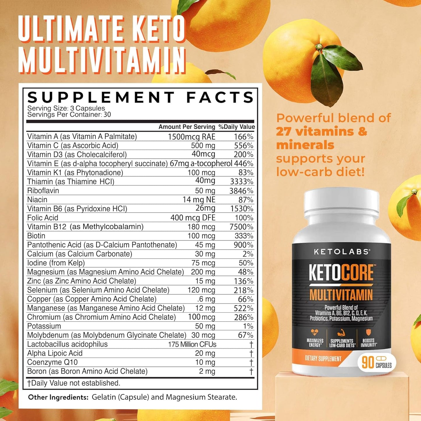 Keto Core Multivitamin for Men & Women | Keto & Carnivore Diet Supplements | No Keto Flu | High in Magnesium & Potassium | 90 Capsules