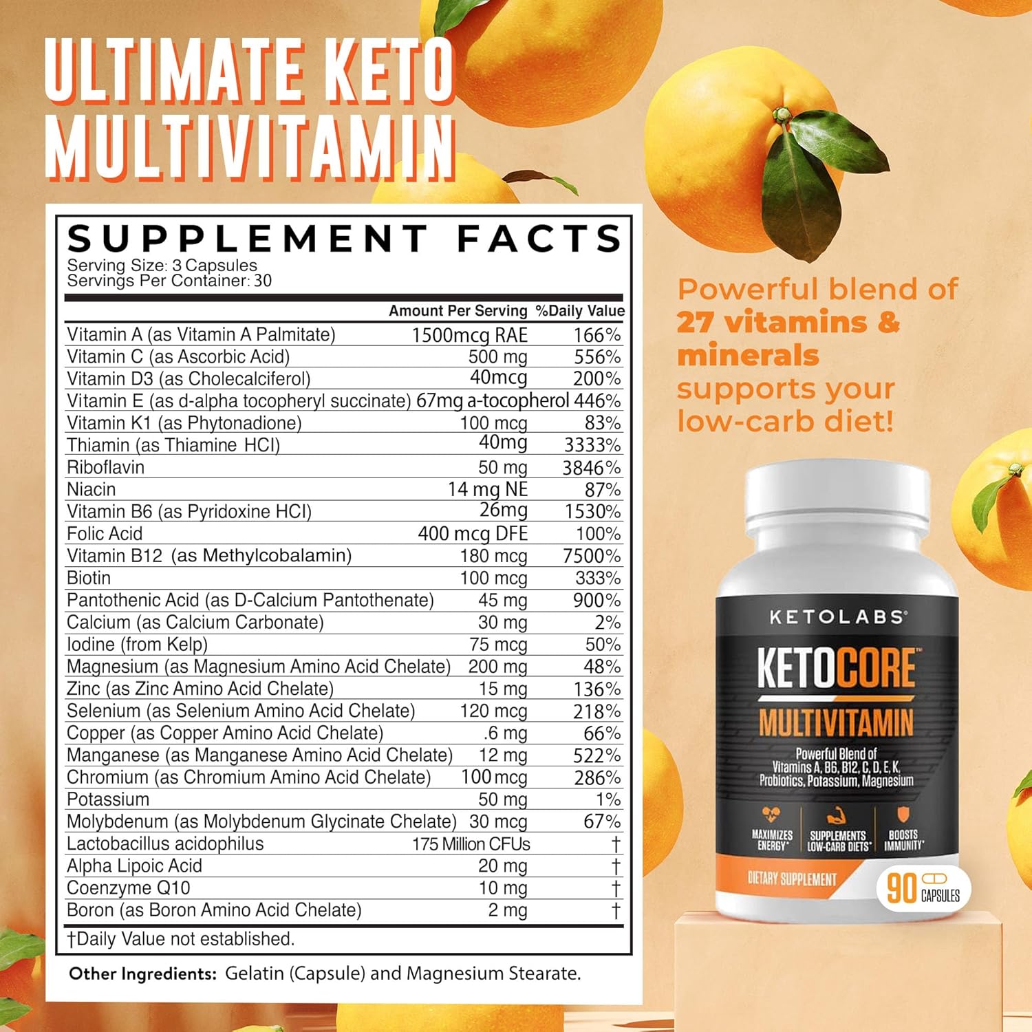 Keto Core Multivitamin for Men & Women | Keto & Carnivore Diet Supplements | No Keto Flu | High in Magnesium & Potassium | 90 Capsules
