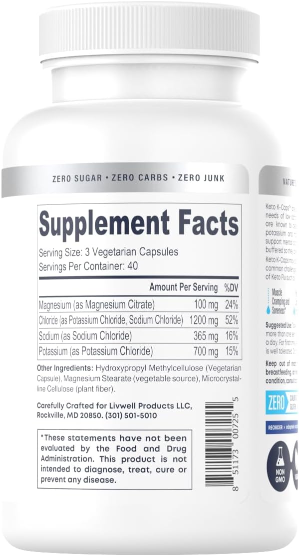 Keto Electrolyte Supplement Capsules | Hydrate Quickly & Prevent Leg Cramps | 700mg Potassium, Sodium, Magnesium | No Maltodextrin | 120 Capsules