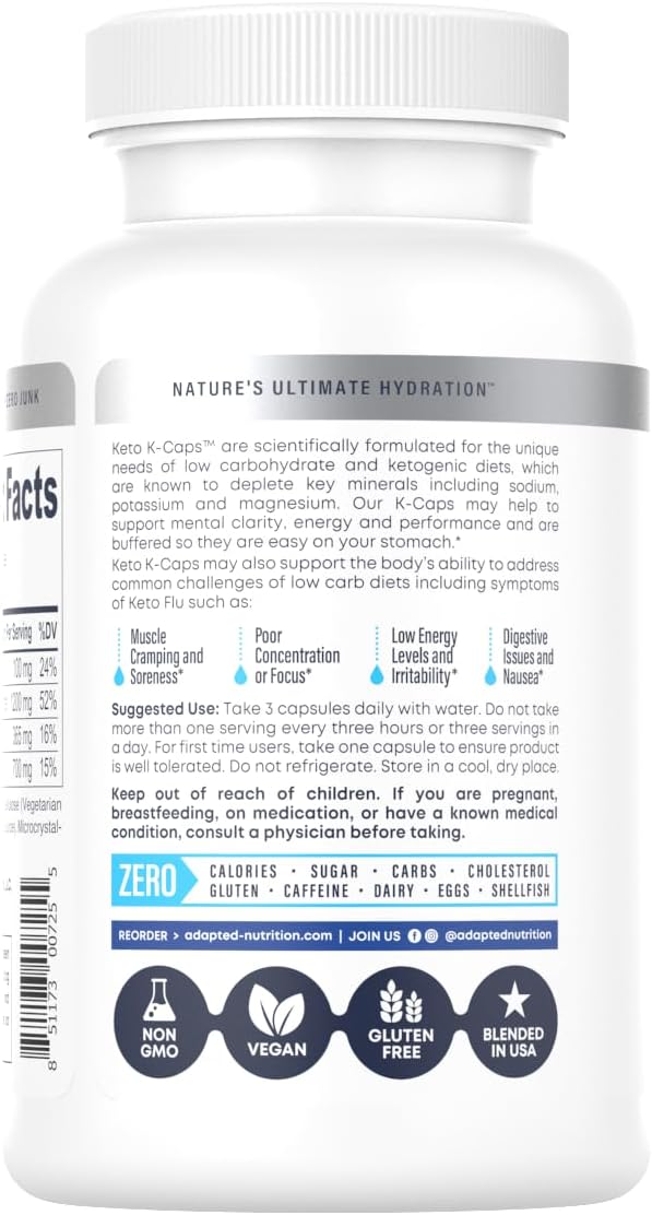 Keto Electrolyte Supplement Capsules | Hydrate Quickly & Prevent Leg Cramps | 700mg Potassium, Sodium, Magnesium | No Maltodextrin | 120 Capsules