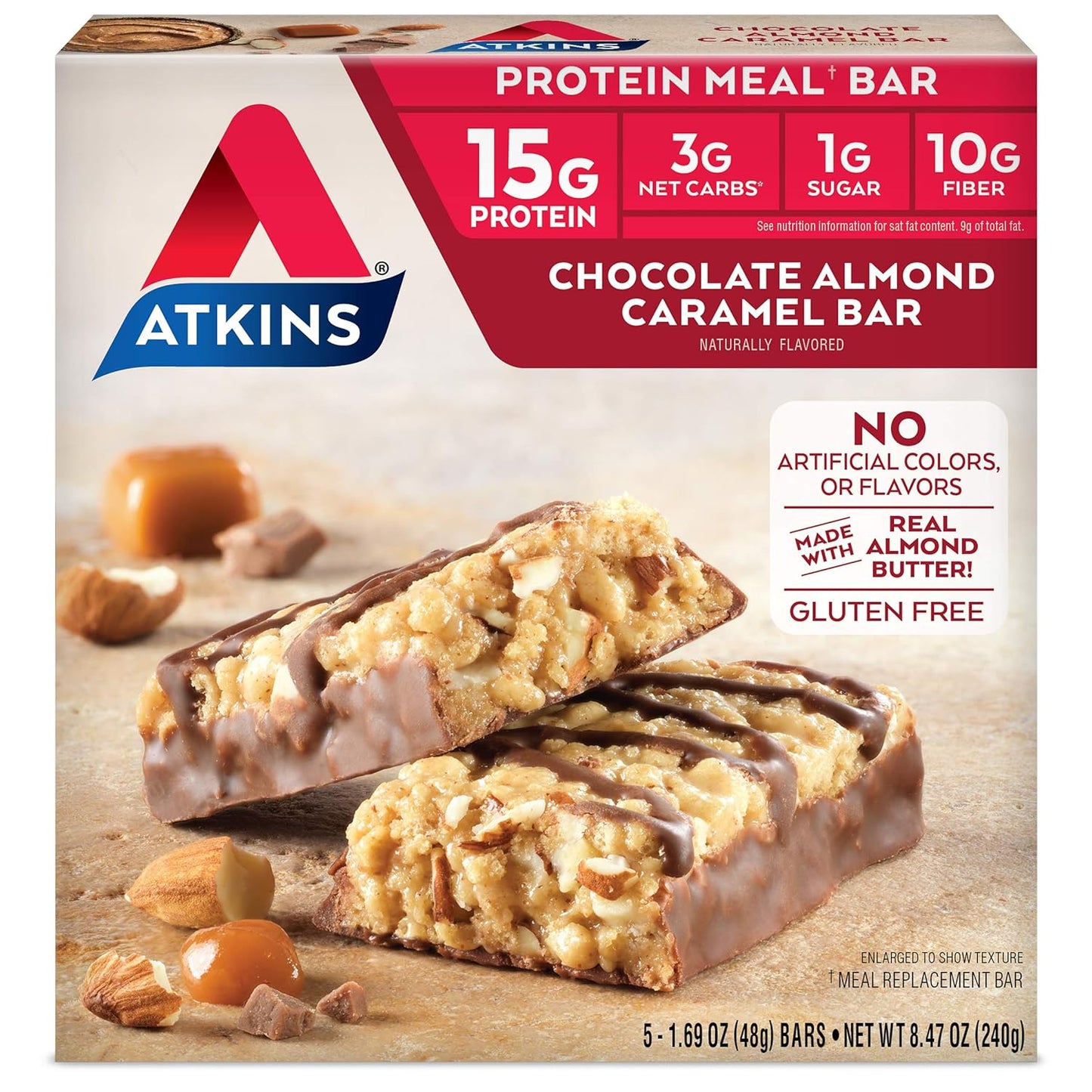 Keto-Friendly Atkins Chocolate Almond Caramel Bar with Real Almond Butter, Gluten-Free Snack (5 Count)