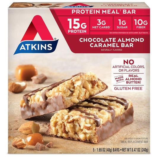 Keto-Friendly Atkins Chocolate Almond Caramel Bar with Real Almond Butter, Gluten-Free Snack (5 Count)