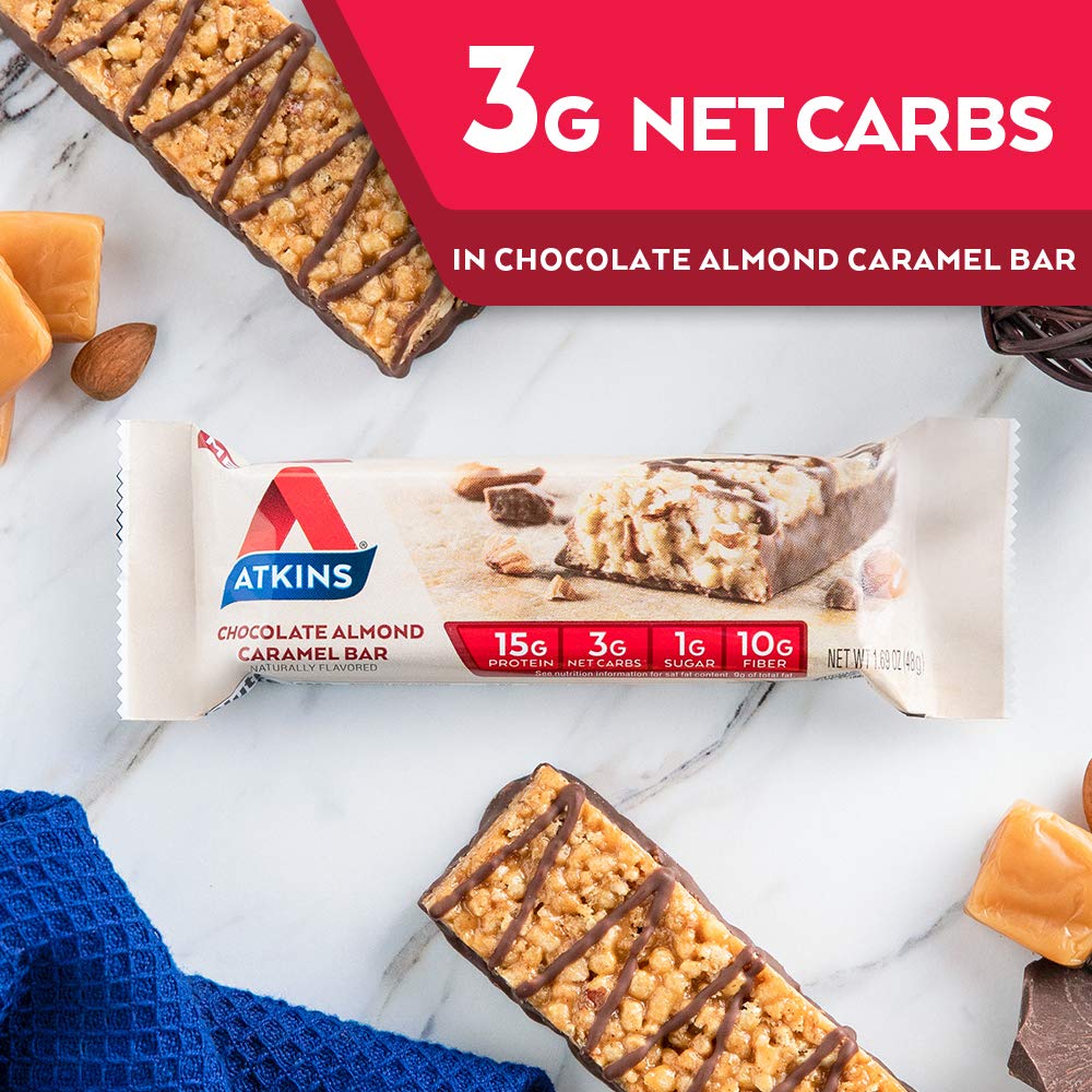Keto-Friendly Atkins Chocolate Almond Caramel Bar with Real Almond Butter, Gluten-Free Snack (5 Count)