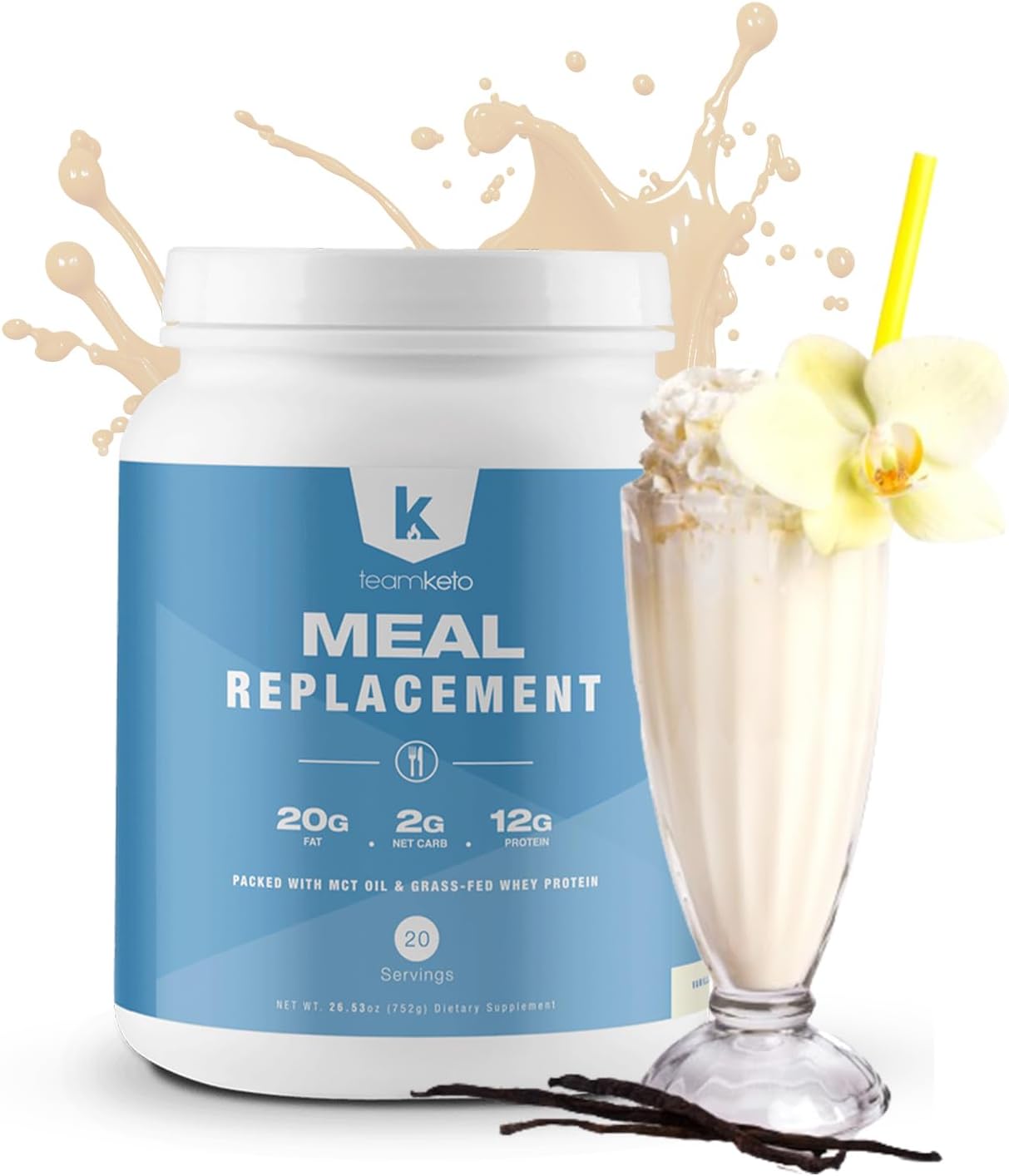 Keto-Friendly Meal Replacement Powder with MCT Powder, Grass-Fed Whey Protein, and Natural Flavors for Ketosis - Low Carb Energy Boost - 742g Vanilla Flavor