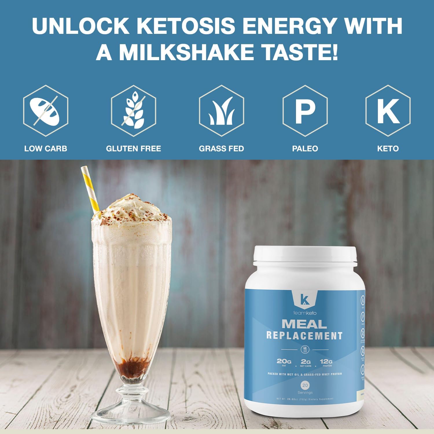 Keto-Friendly Meal Replacement Powder with MCT Powder, Grass-Fed Whey Protein, and Natural Flavors for Ketosis - Low Carb Energy Boost - 742g Vanilla Flavor