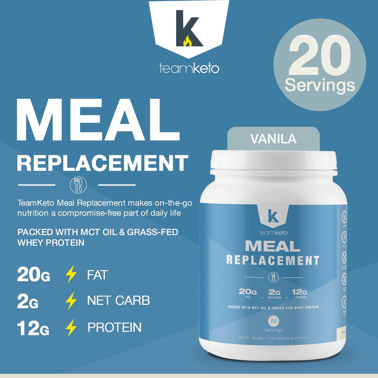 Keto-Friendly Meal Replacement Powder with MCT Powder, Grass-Fed Whey Protein, and Natural Flavors for Ketosis - Low Carb Energy Boost - 742g Vanilla Flavor