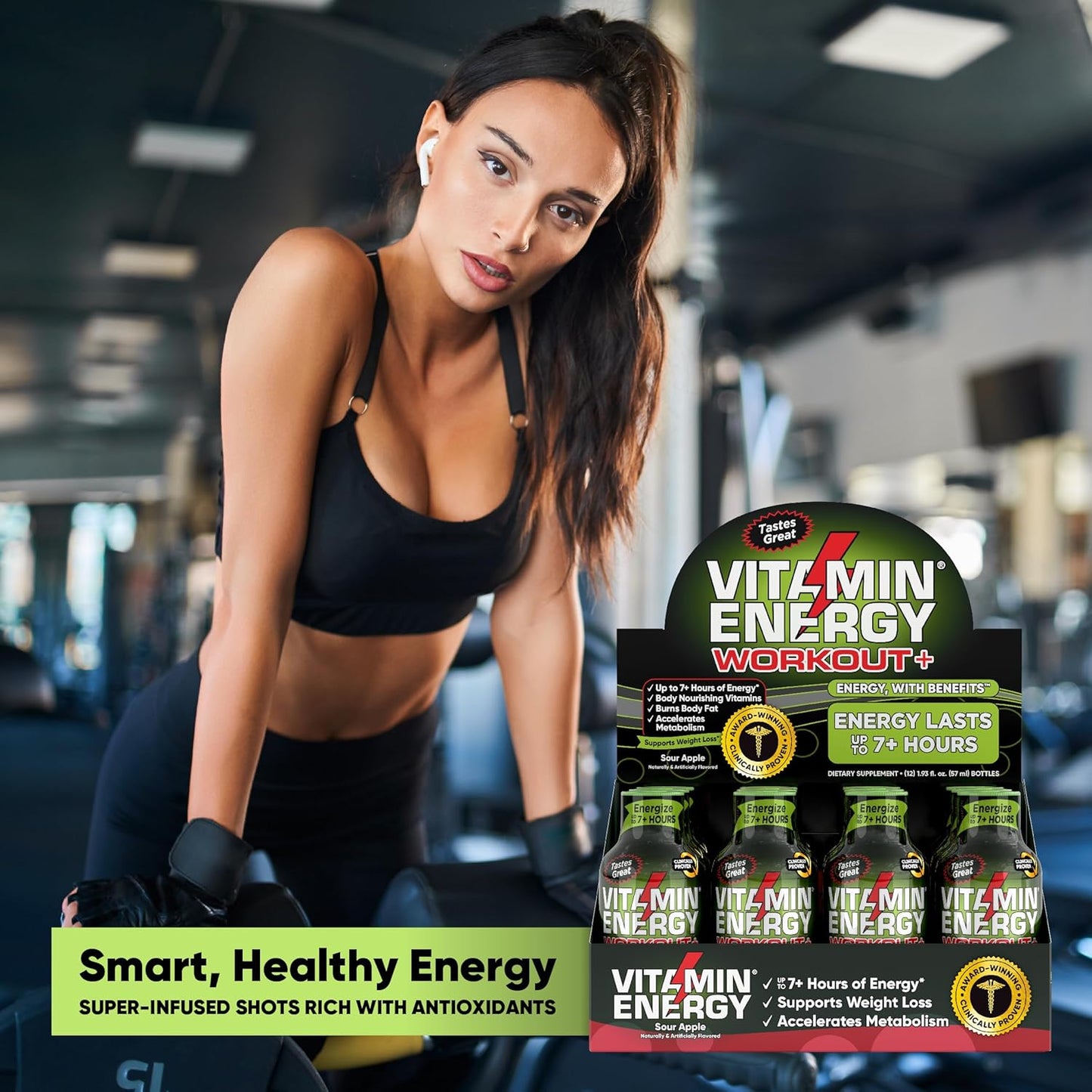 Keto-Friendly Vitamin Energy Shot with Green Tea Caffeine for Endurance - Sour Apple Flavor - 1.93 Fl Oz (Pack of 48)