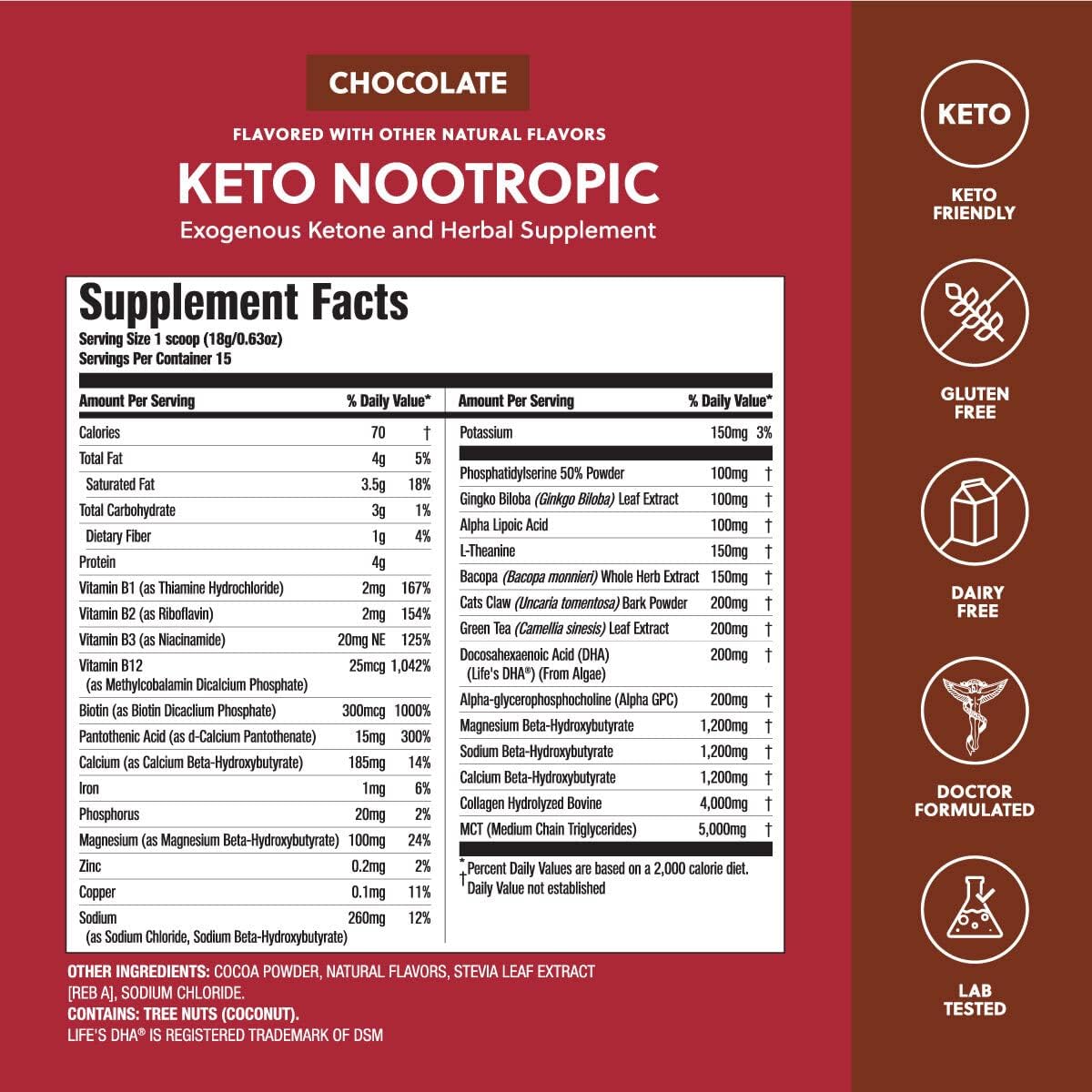 Keto Nootropic Brain Support Supplement with Alpha Lipoic Acid, L Theanine, Ginkgo Biloba - Caffeine Free Energy Drink Mix for Focus and Clarity - 15 Servings