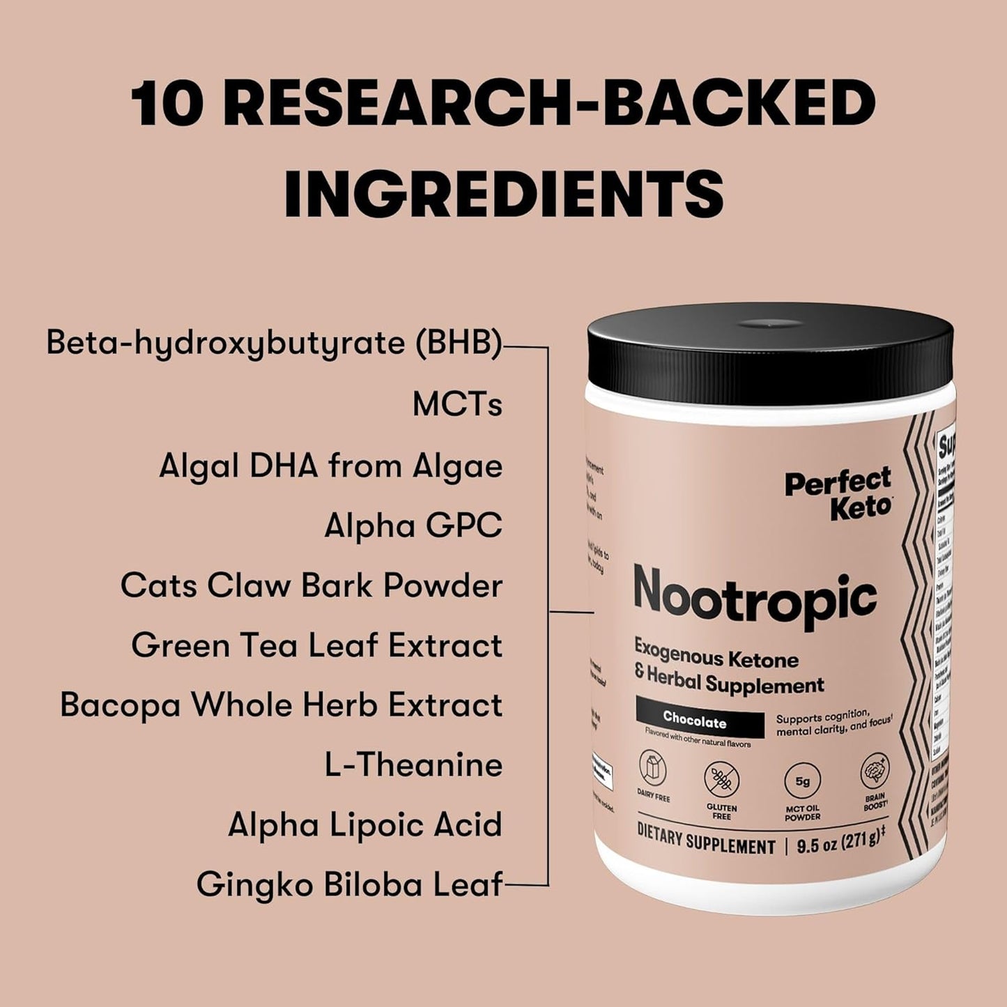 Keto Nootropic Brain Support Supplement with Alpha Lipoic Acid, L Theanine, Ginkgo Biloba - Caffeine Free Energy Drink Mix for Focus and Clarity - 15 Servings