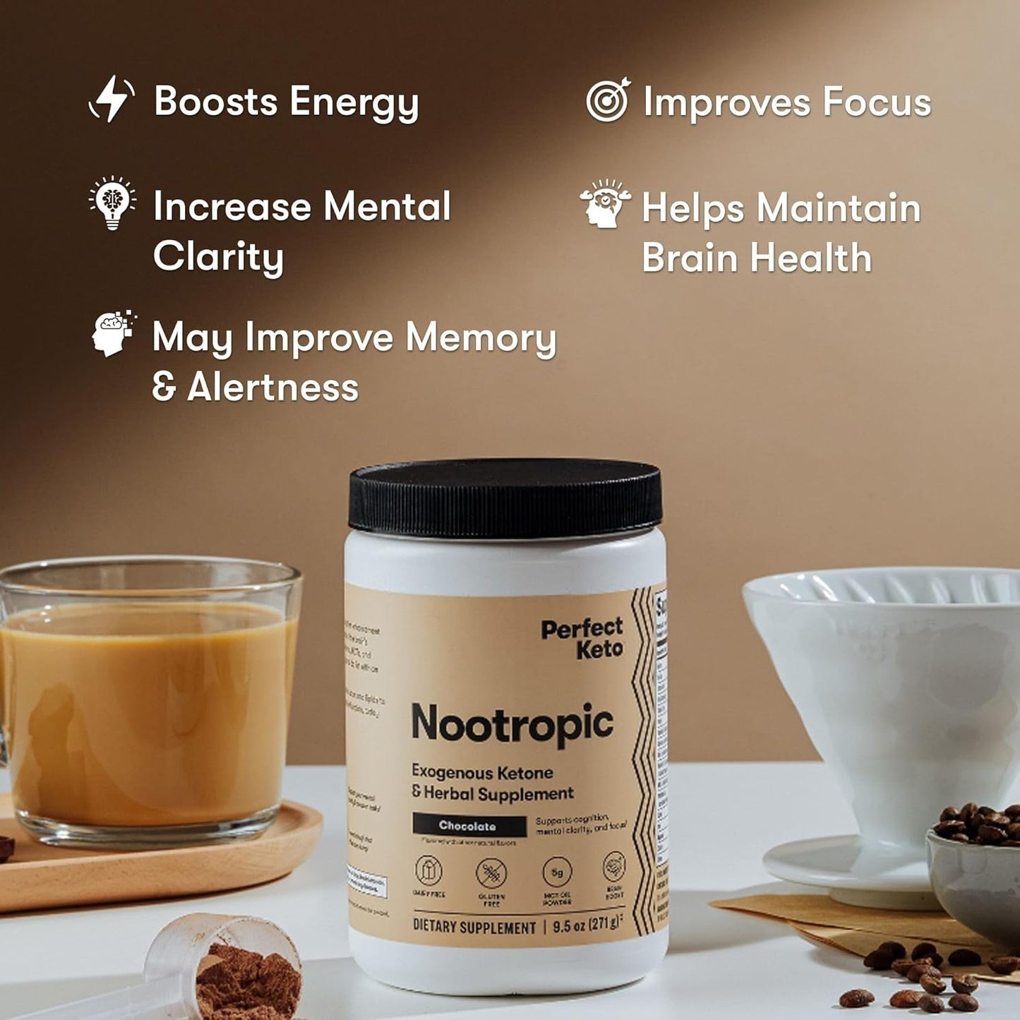 Keto Nootropic Brain Support Supplement with Alpha Lipoic Acid, L Theanine, Ginkgo Biloba - Caffeine Free Energy Drink Mix for Focus and Clarity - 15 Servings