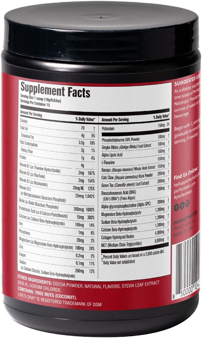 Keto Nootropic Brain Support Supplement with Alpha Lipoic Acid, L Theanine, Ginkgo Biloba - Caffeine Free Energy Drink Mix for Focus and Clarity - 15 Servings