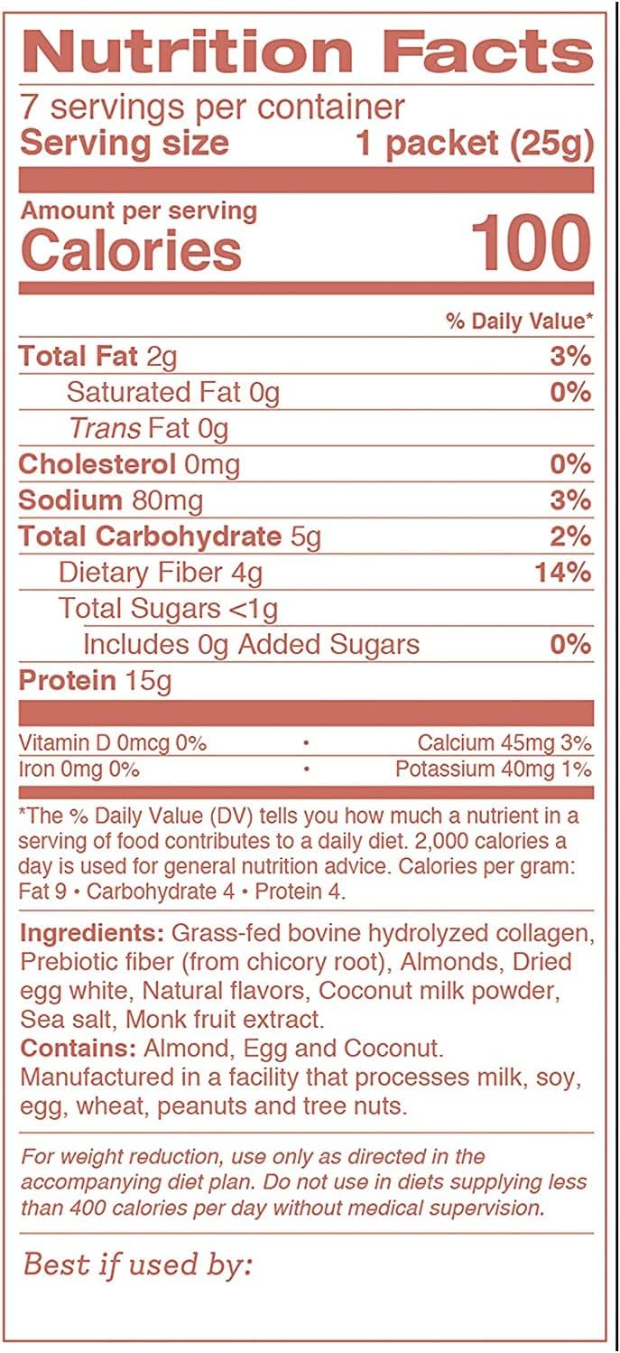 Keto Vanilla Almond Shake Mix - Grass-Fed Collagen Protein, Gluten-Free, Non-GMO (7 Servings)