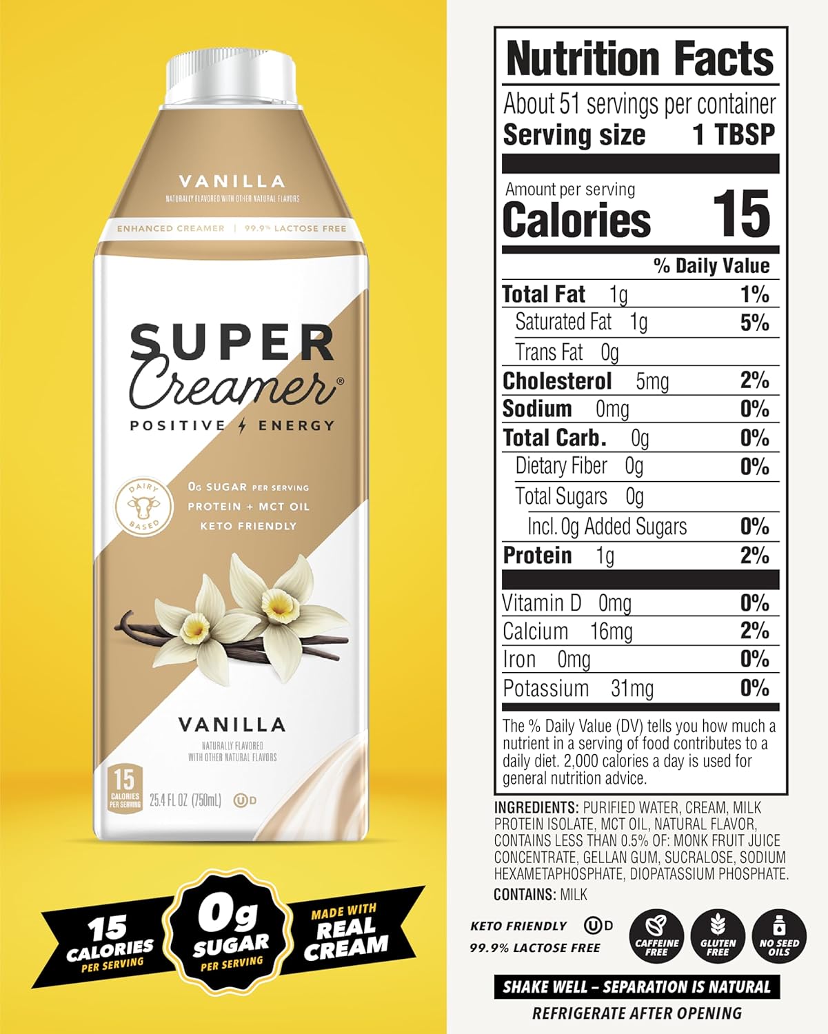Keto Vanilla Coffee Creamer, Sugar-Free with 0g Sugar, 1g Protein, 15 Calories - 25.4 Fl Oz, 6 Pack