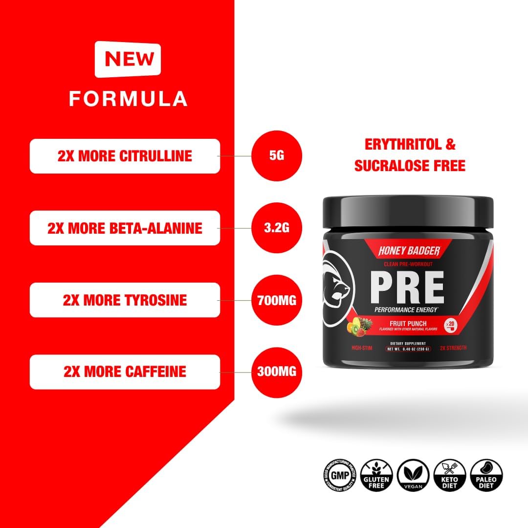 Keto Vegan Honey Badger Pre Workout Powder with Beta Alanine & Caffeine for Men & Women - Sugar Free Natural Energy Supplement (Fruit Punch)