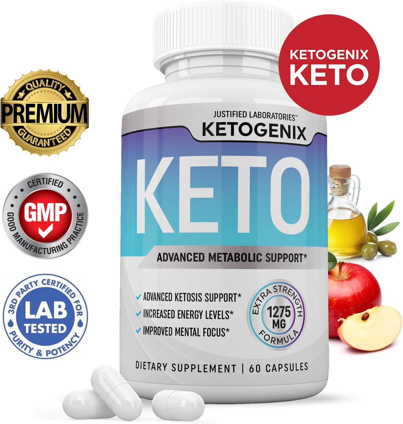 Ketogenix Keto Pills 1275MG (3 Pack) with Apple Cider Vinegar, Olive Oil, Green Tea - 180 Capsules