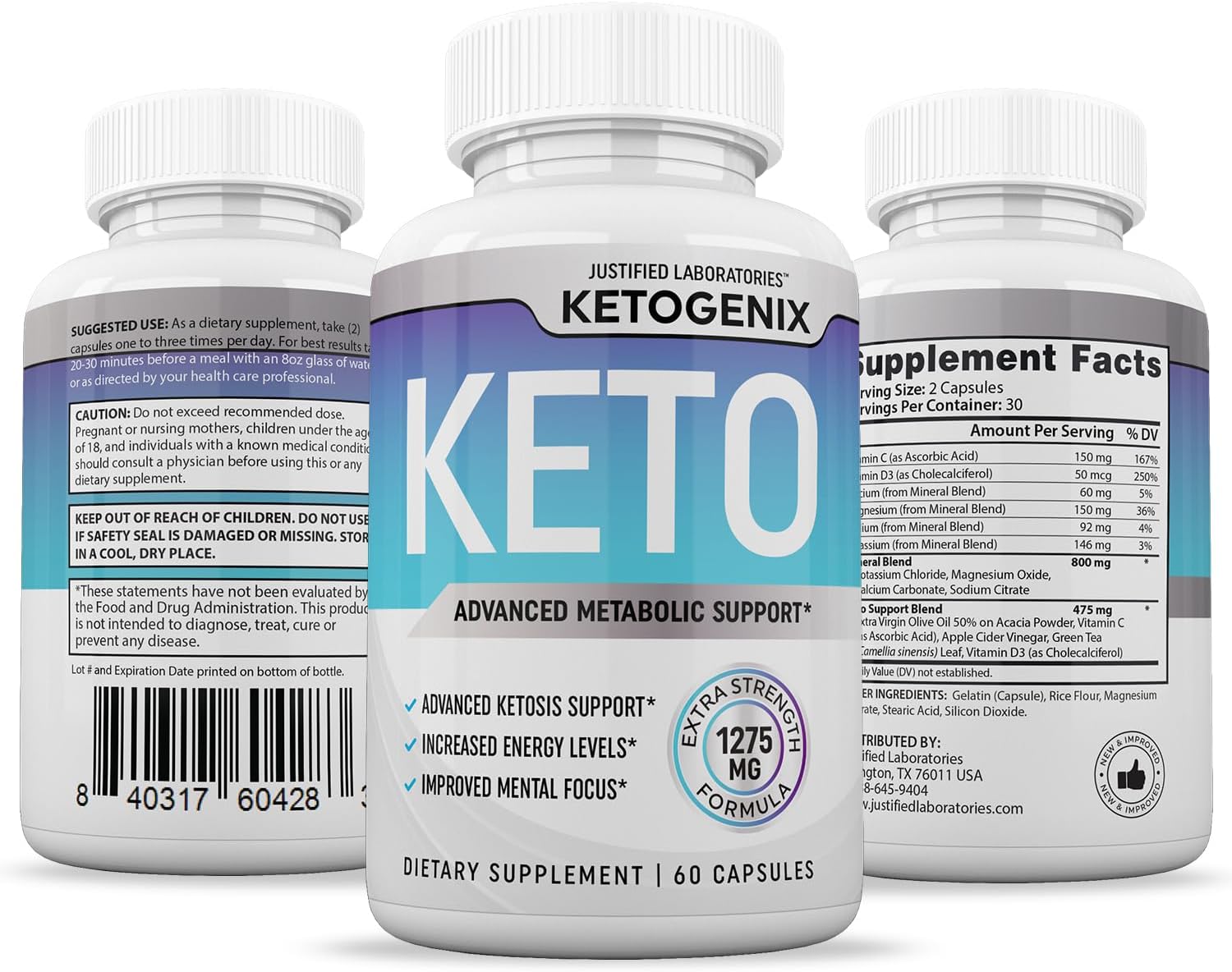 Ketogenix Keto Pills 1275MG (3 Pack) with Apple Cider Vinegar, Olive Oil, Green Tea - 180 Capsules