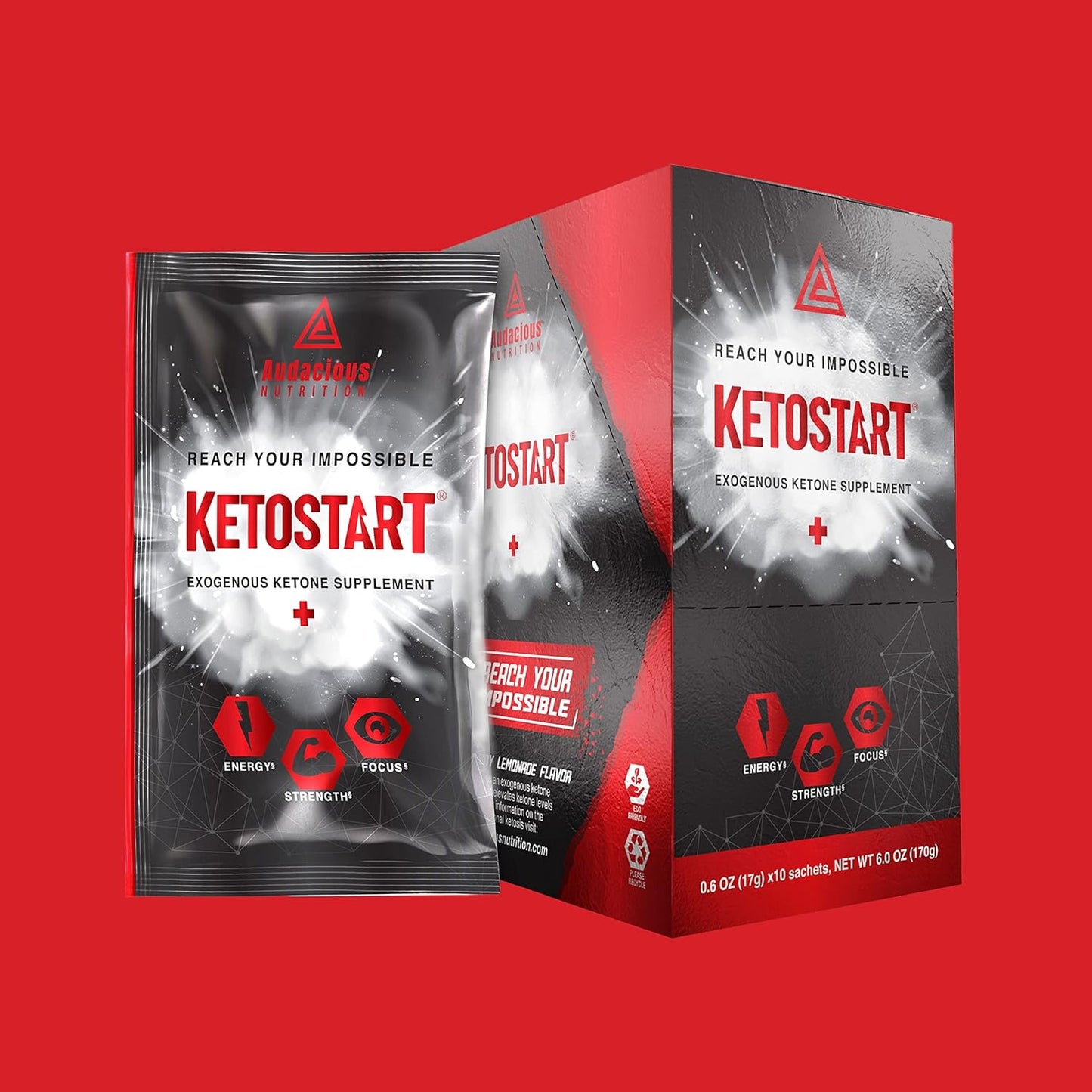 KetoStart+ Electrolyte Powder with Exogenous Ketones, Caffeine, Raspberry Lemonade Flavor - 10 Packets for Energy & Focus