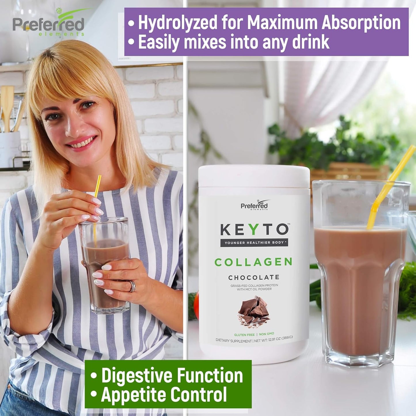 KEYTO Keto Collagen Protein Powder with MCT Oil - Grass Fed & Pasture Raised Peptides - Low Carb Diet & Snacks - Chocolate Flavor