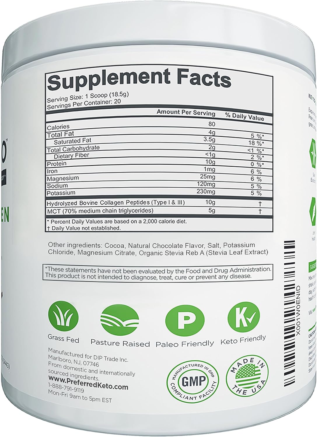 KEYTO Keto Collagen Protein Powder with MCT Oil - Grass Fed & Pasture Raised Peptides - Low Carb Diet & Snacks - Chocolate Flavor