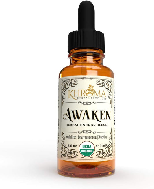 Khroma Herbal Products Awaken Organic Energy Supplement 2 oz Liquid Glass Bottle Yerba Mate Eleuthro Root Red Ginseng Peppermint Ginkgo Blob Ashwaganhda Guayusa Khroma Herbs