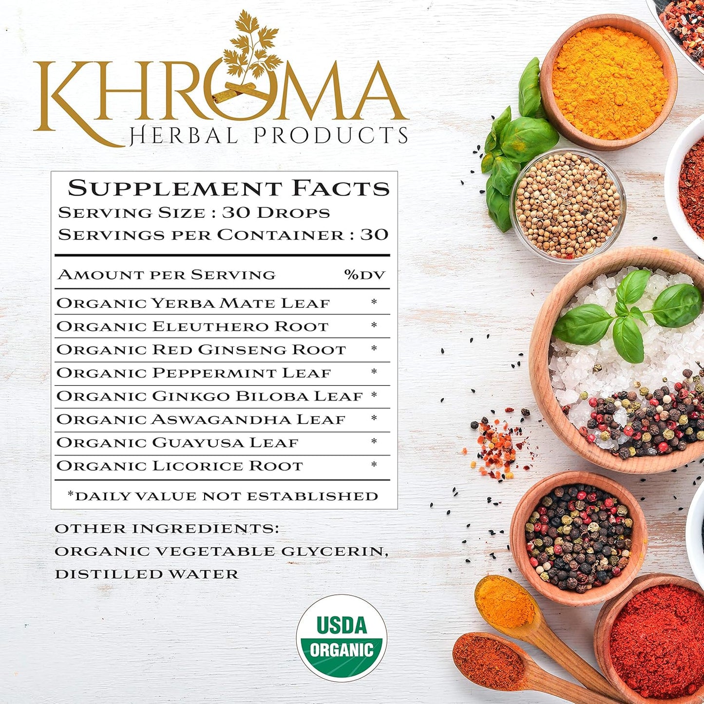 Khroma Herbal Products Awaken Organic Energy Supplement 2 oz Liquid Glass Bottle Yerba Mate Eleuthro Root Red Ginseng Peppermint Ginkgo Blob Ashwaganhda Guayusa Khroma Herbs