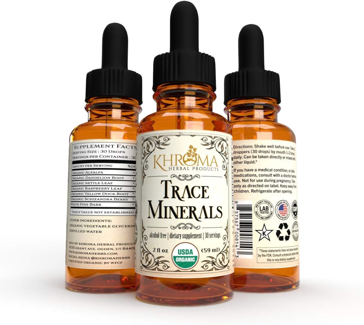 Khroma Herbs Organic Trace Minerals Liquid Supplement - 2 oz Plant-Based Blend for Optimal Absorption - 30 Servings