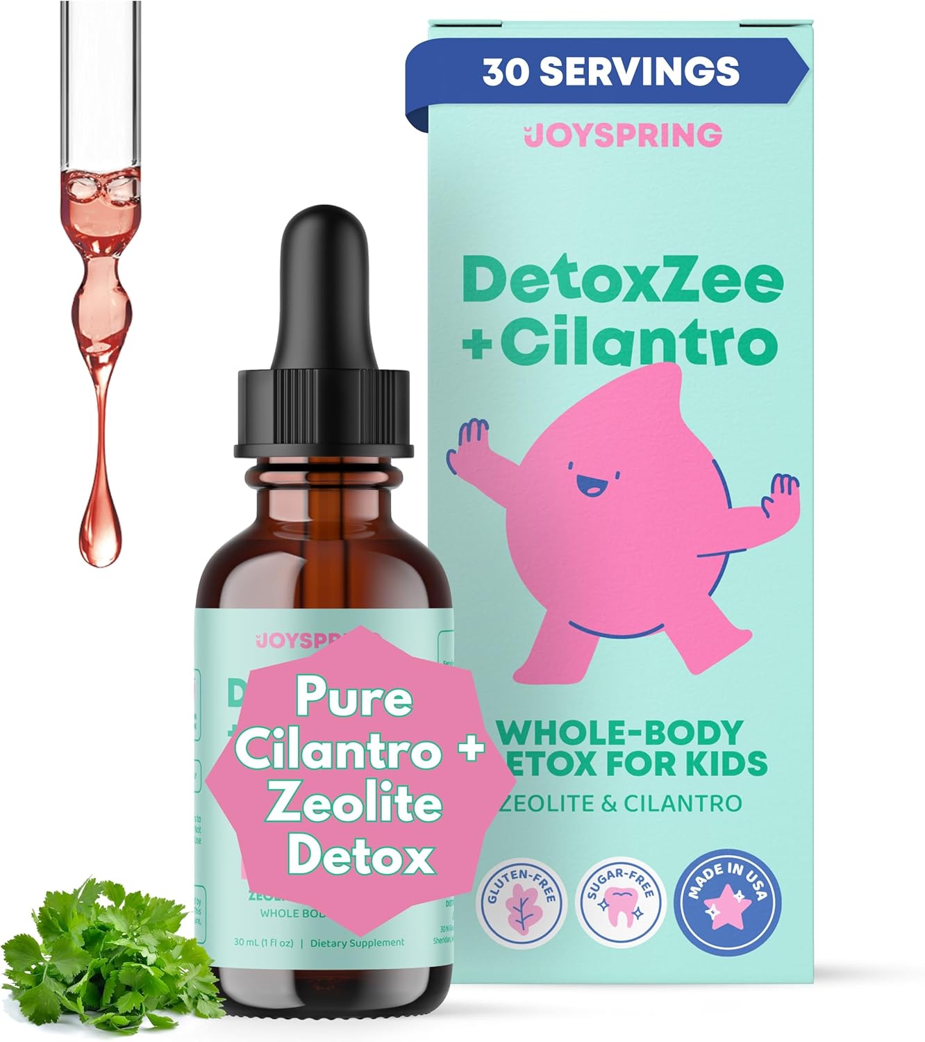 Kid-Friendly JoySpring DetoxZee Cilantro Drops - Natural Zeolite & Cilantro Extract Detox Support for Children - Gentle Whole-Body Cleanse Liquid, 30 Servings