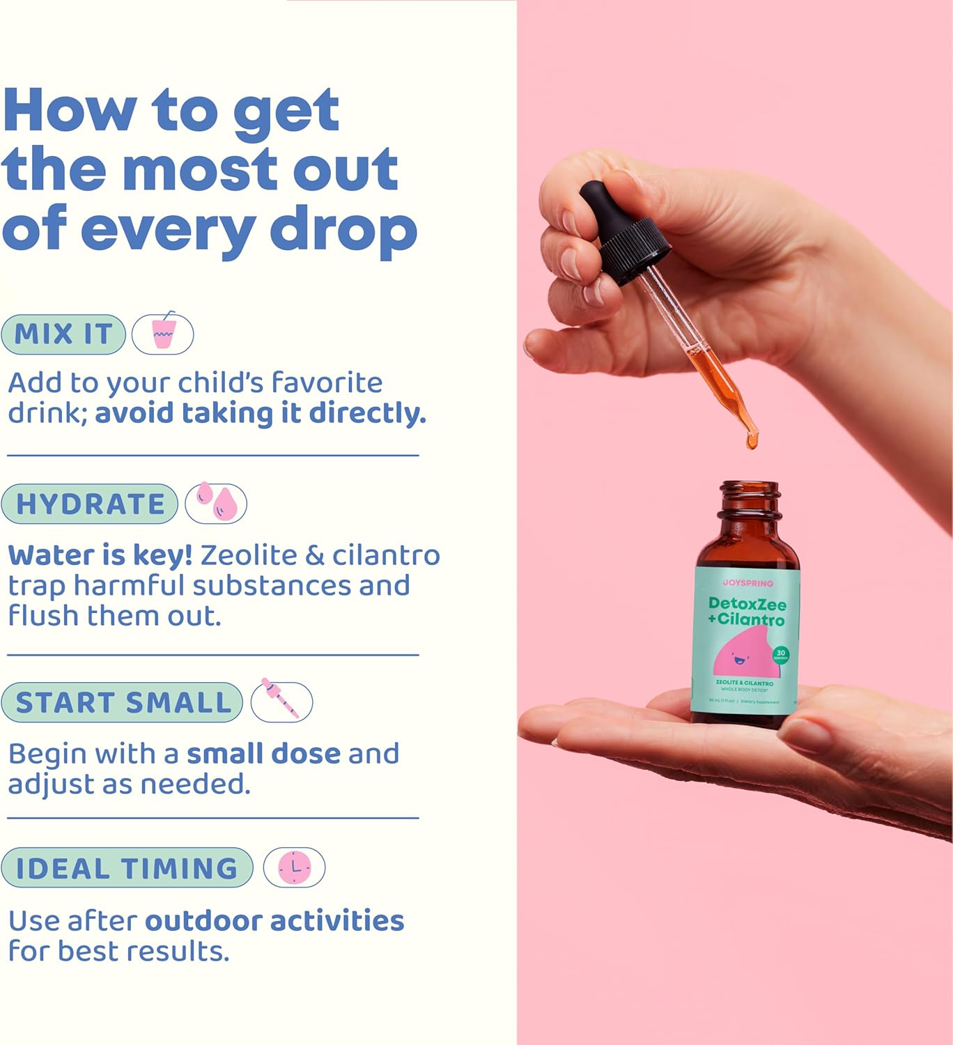 Kid-Friendly JoySpring DetoxZee Cilantro Drops - Natural Zeolite & Cilantro Extract Detox Support for Children - Gentle Whole-Body Cleanse Liquid, 30 Servings