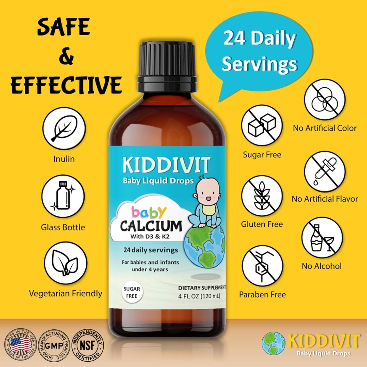 Kiddivit Baby Calcium Liquid Drops with Vitamin D3 & K2, 120 mL - Inulin Fortified, Sugar Free & Vegetarian Friendly